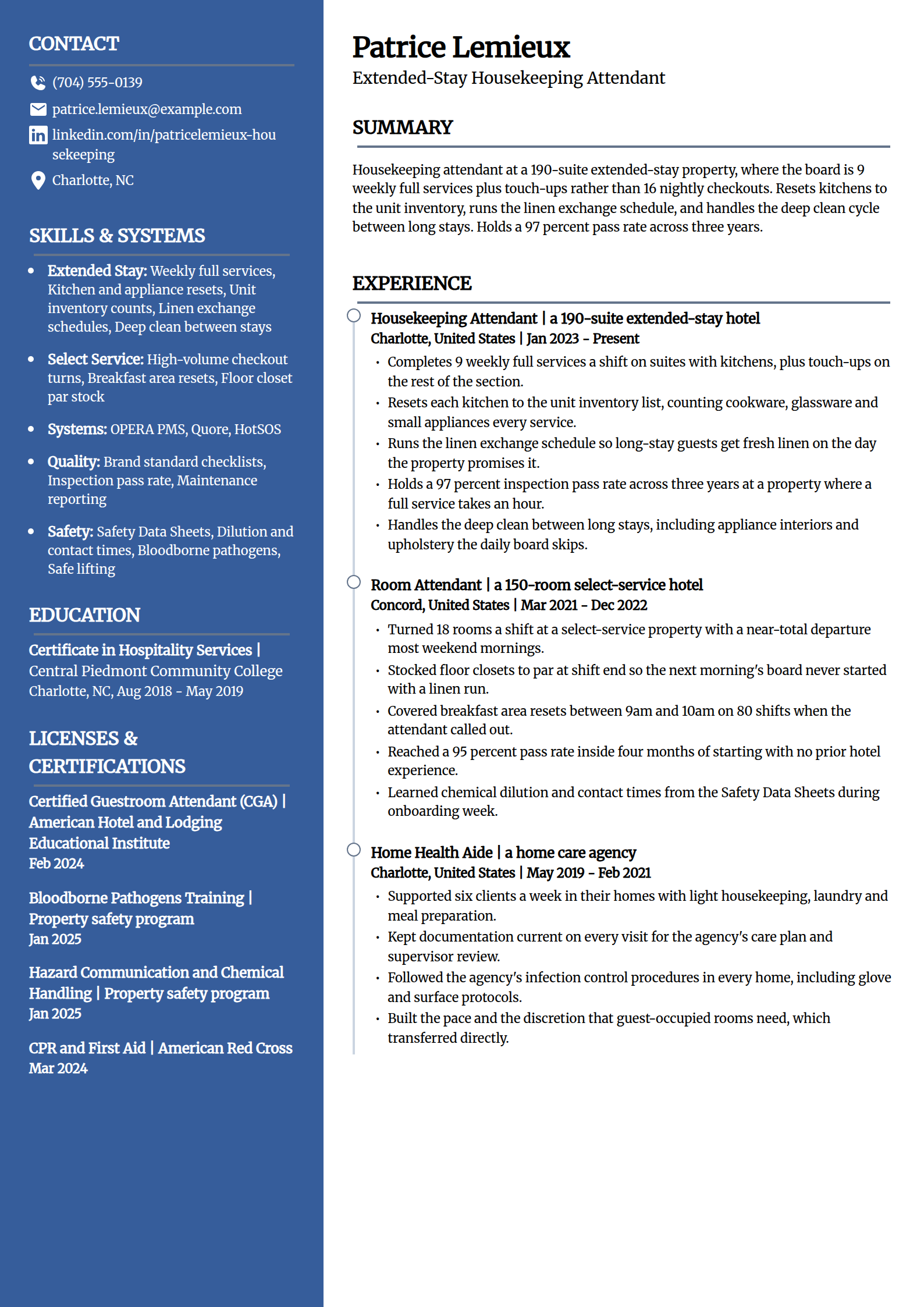 Extended-stay housekeeping attendant resume example in the Creative template
