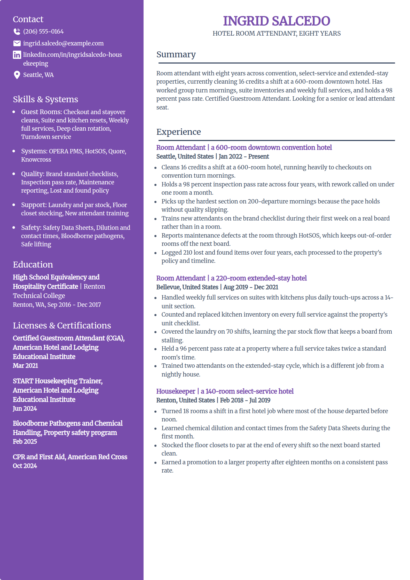 Experienced hotel housekeeper resume example in the Pioneer template