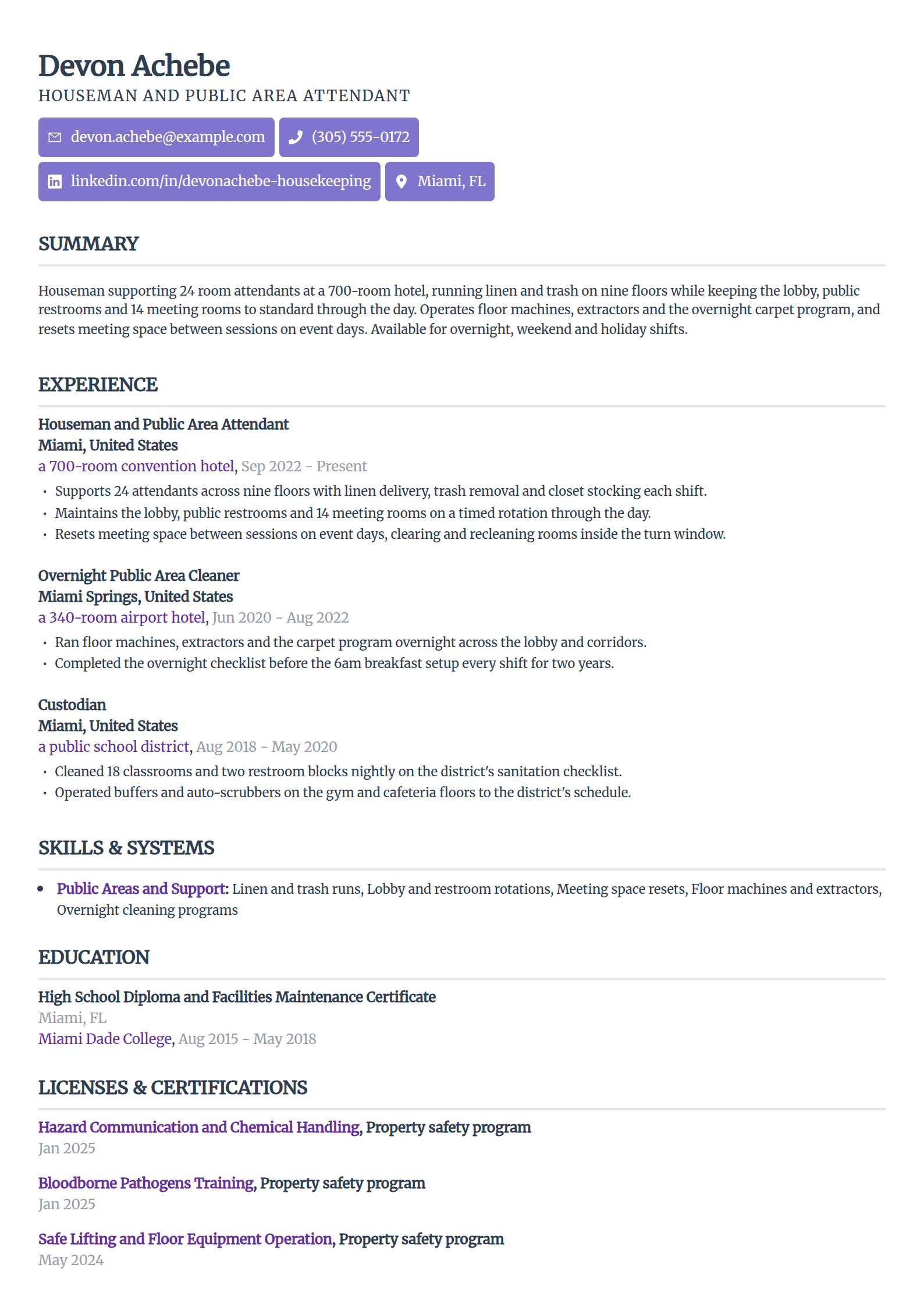 Houseman and public area attendant resume example in the Sleek Framework template