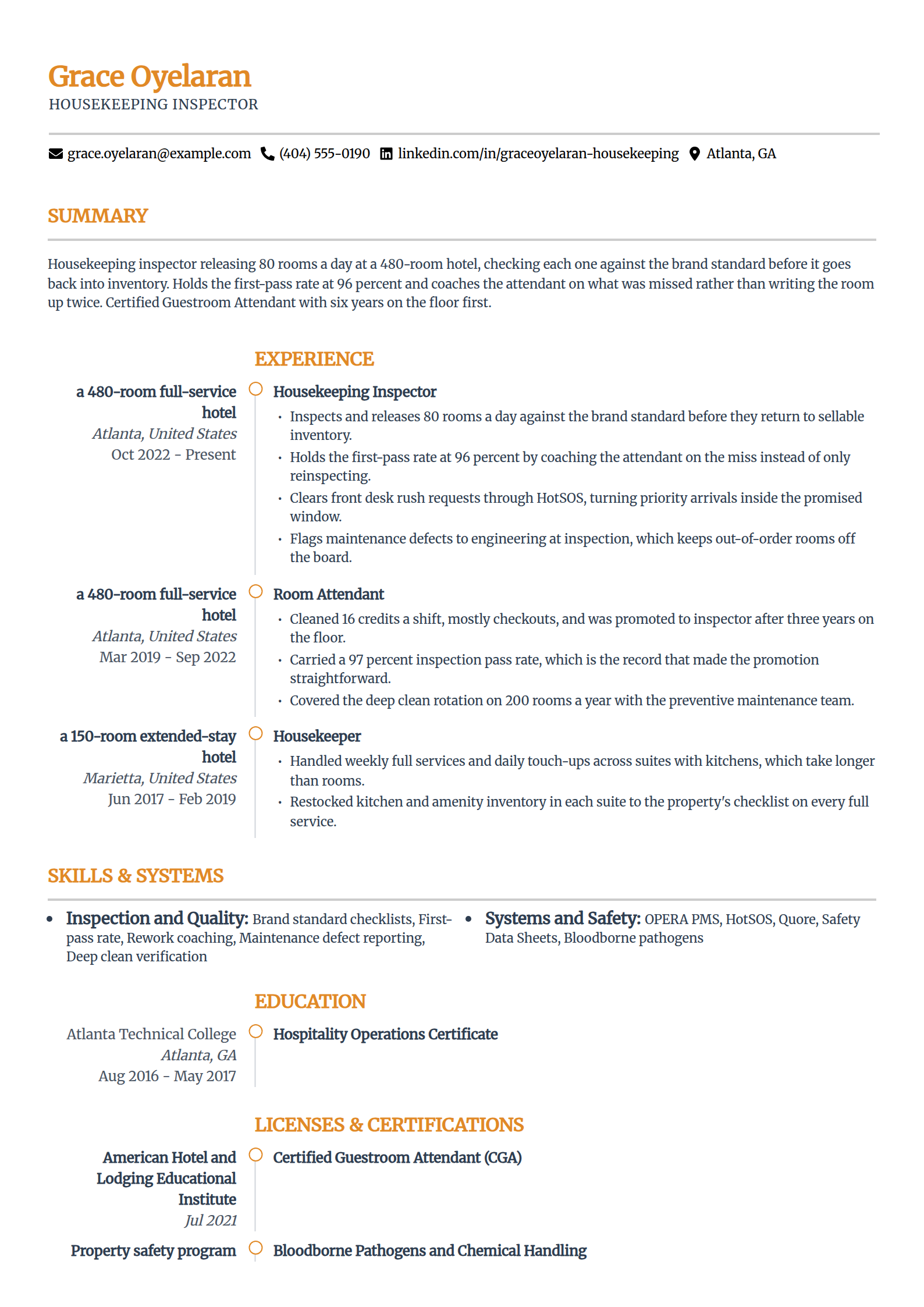 Housekeeping inspector resume example in the Zenith template