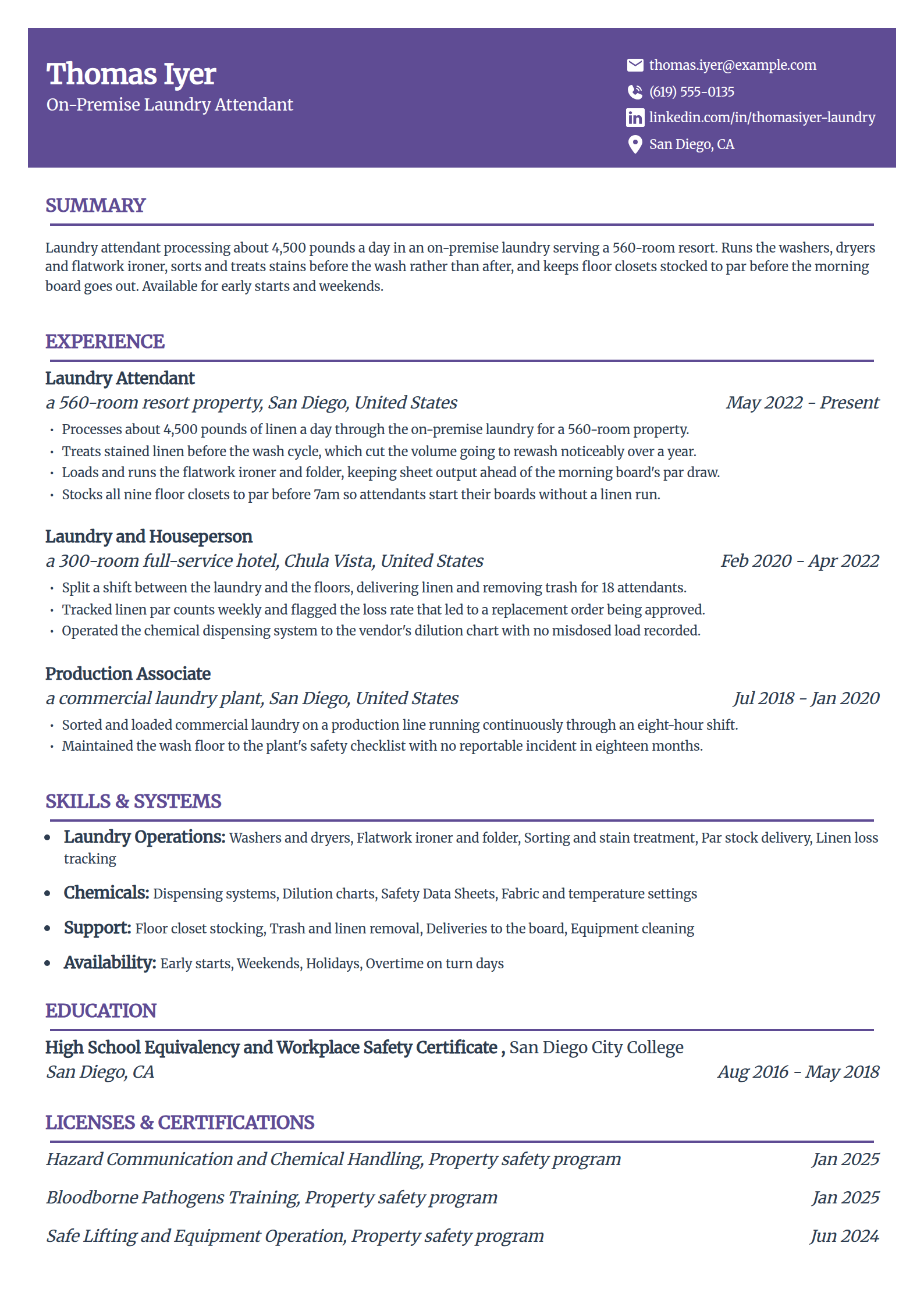 On-premise laundry attendant resume example in the Panorama template