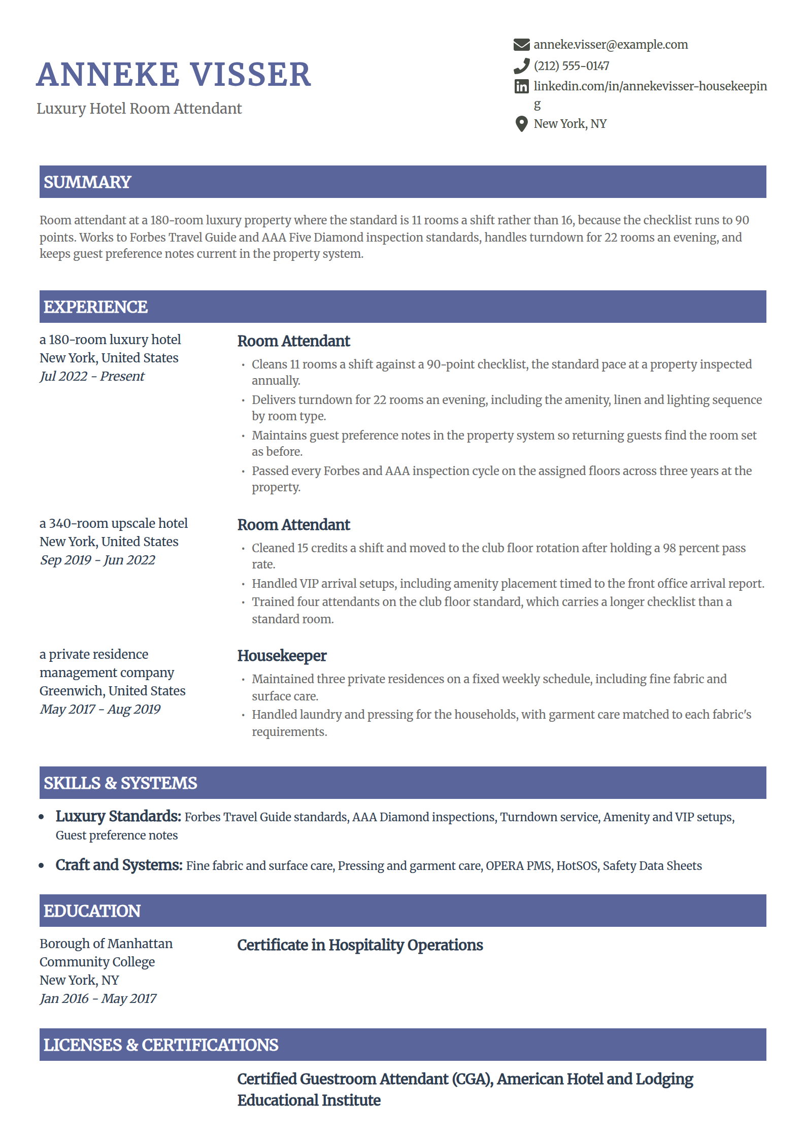 Luxury hotel room attendant resume example in the Catalyst template