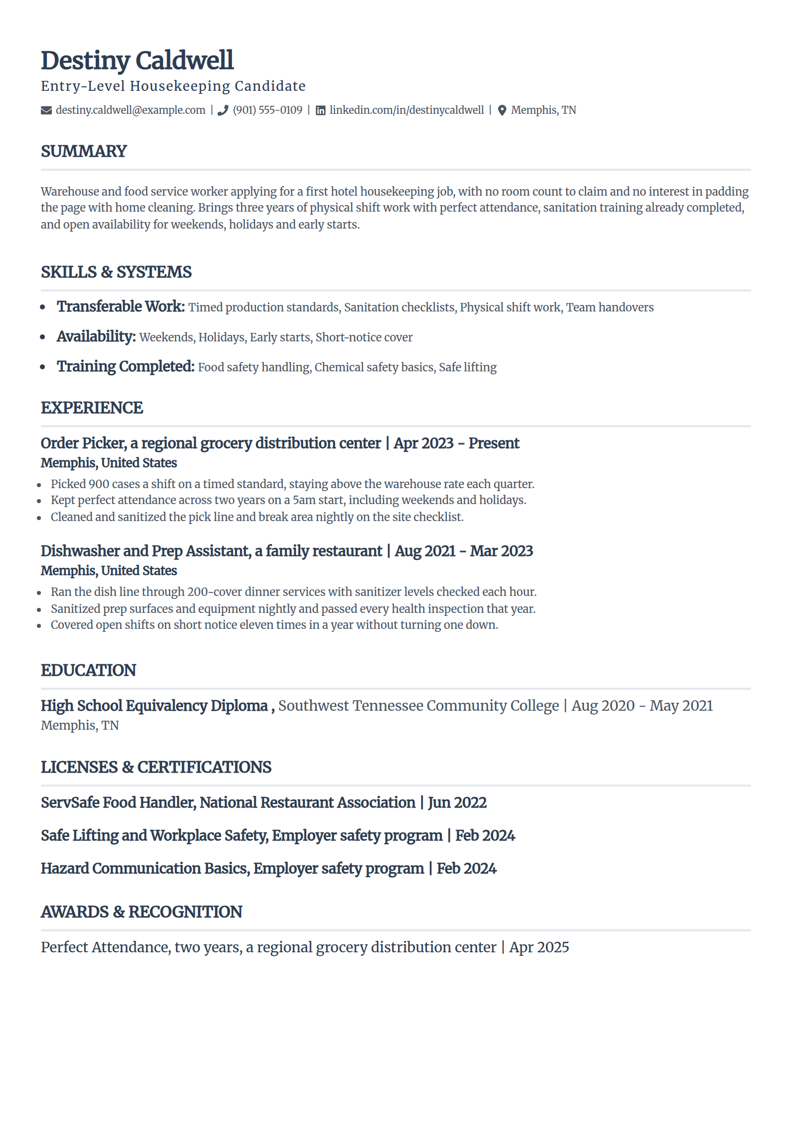 Entry-level housekeeping resume example with no experience in the Classic template