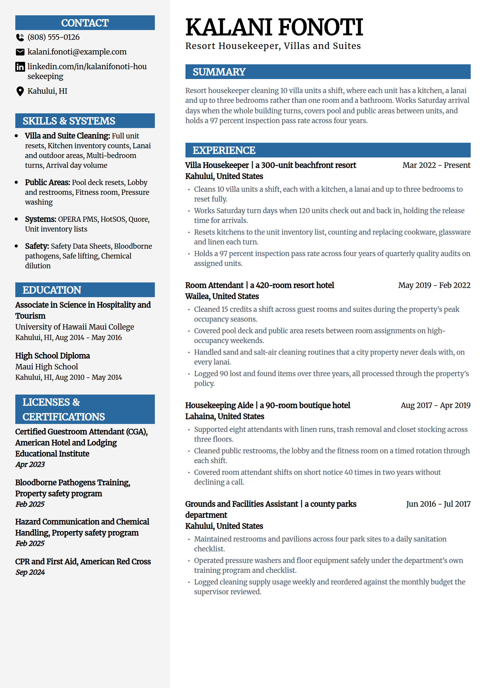 Resort villa housekeeper resume example in the Mosaic template