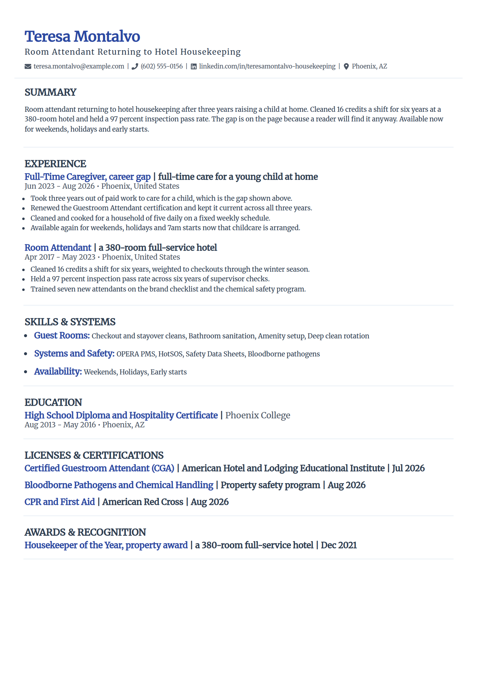 Room attendant returning to housekeeping after a career gap resume example in the Elegant template
