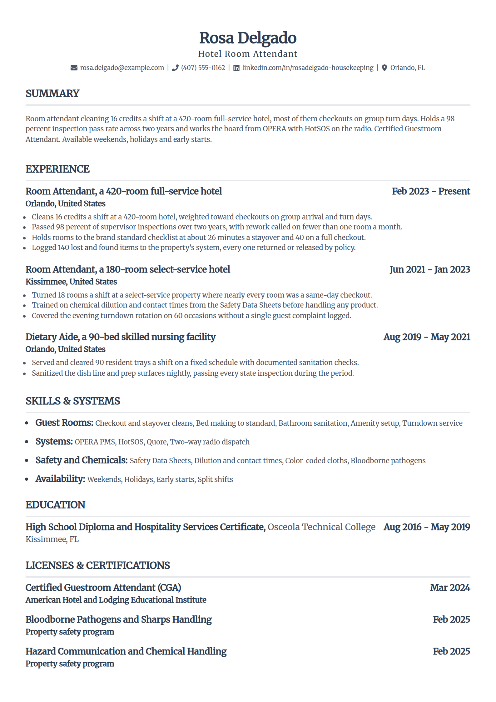 Hotel room attendant resume example in the Standard template