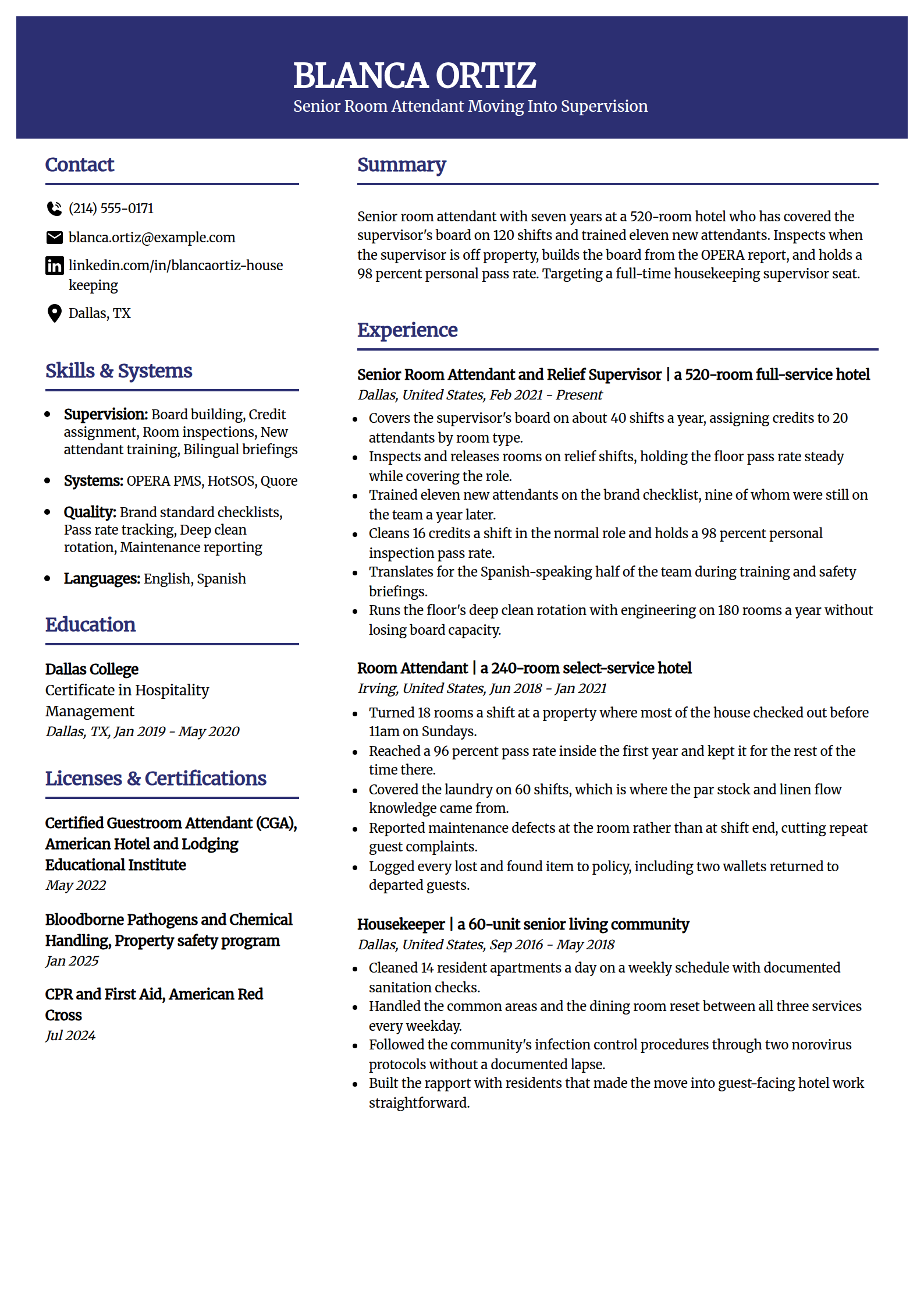 Room attendant moving to housekeeping supervisor resume example in the Visionary template