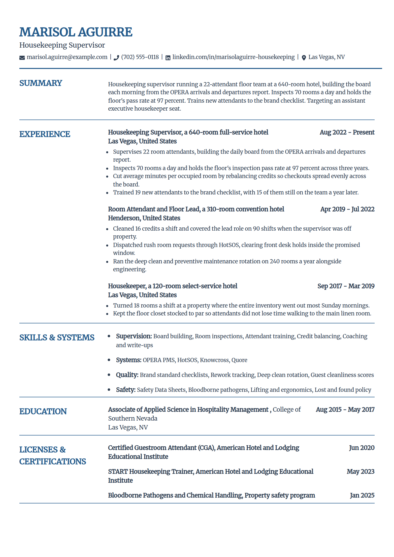 Housekeeping supervisor resume example in the Craft template
