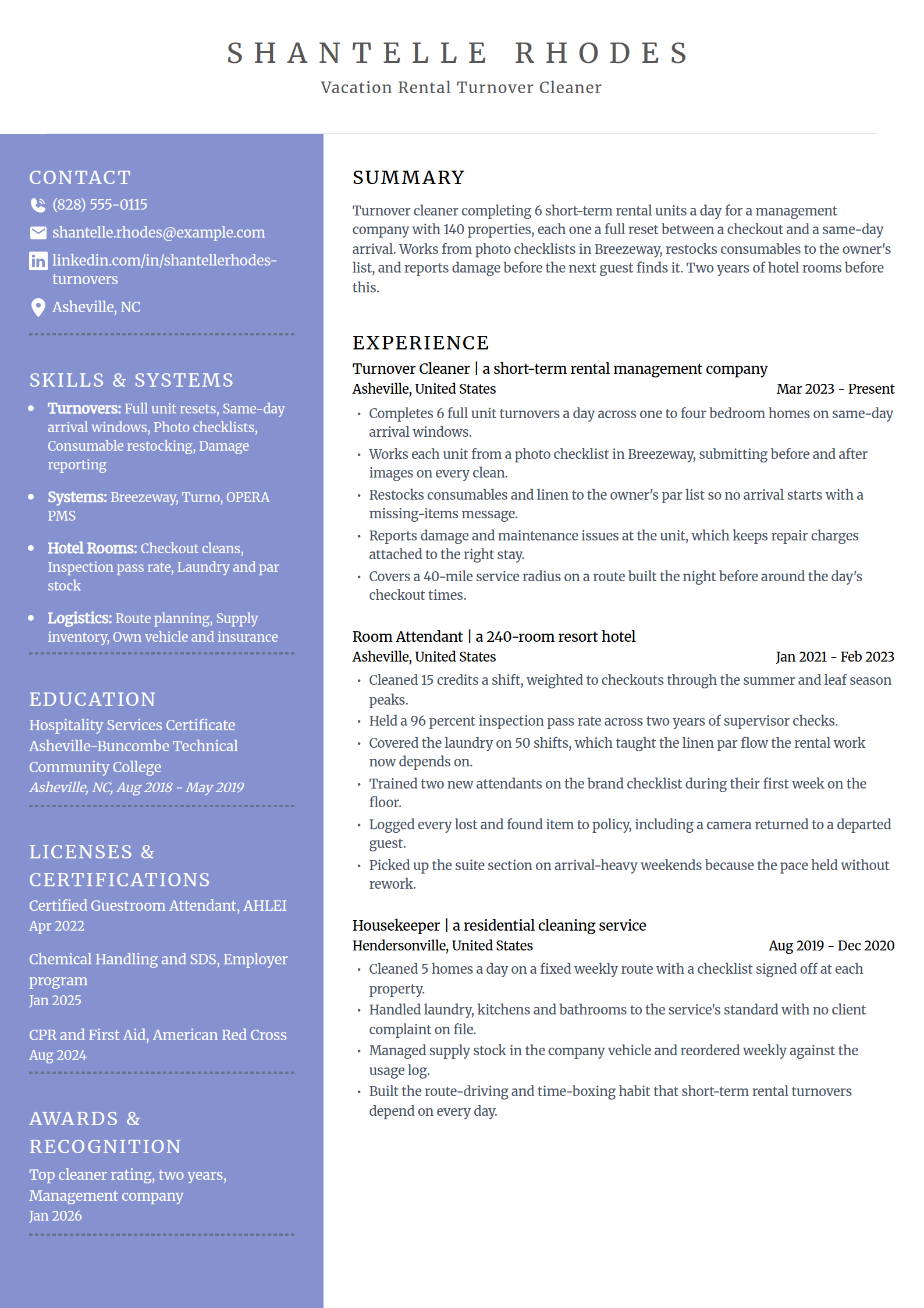Vacation rental turnover cleaner resume example in the Luminary template
