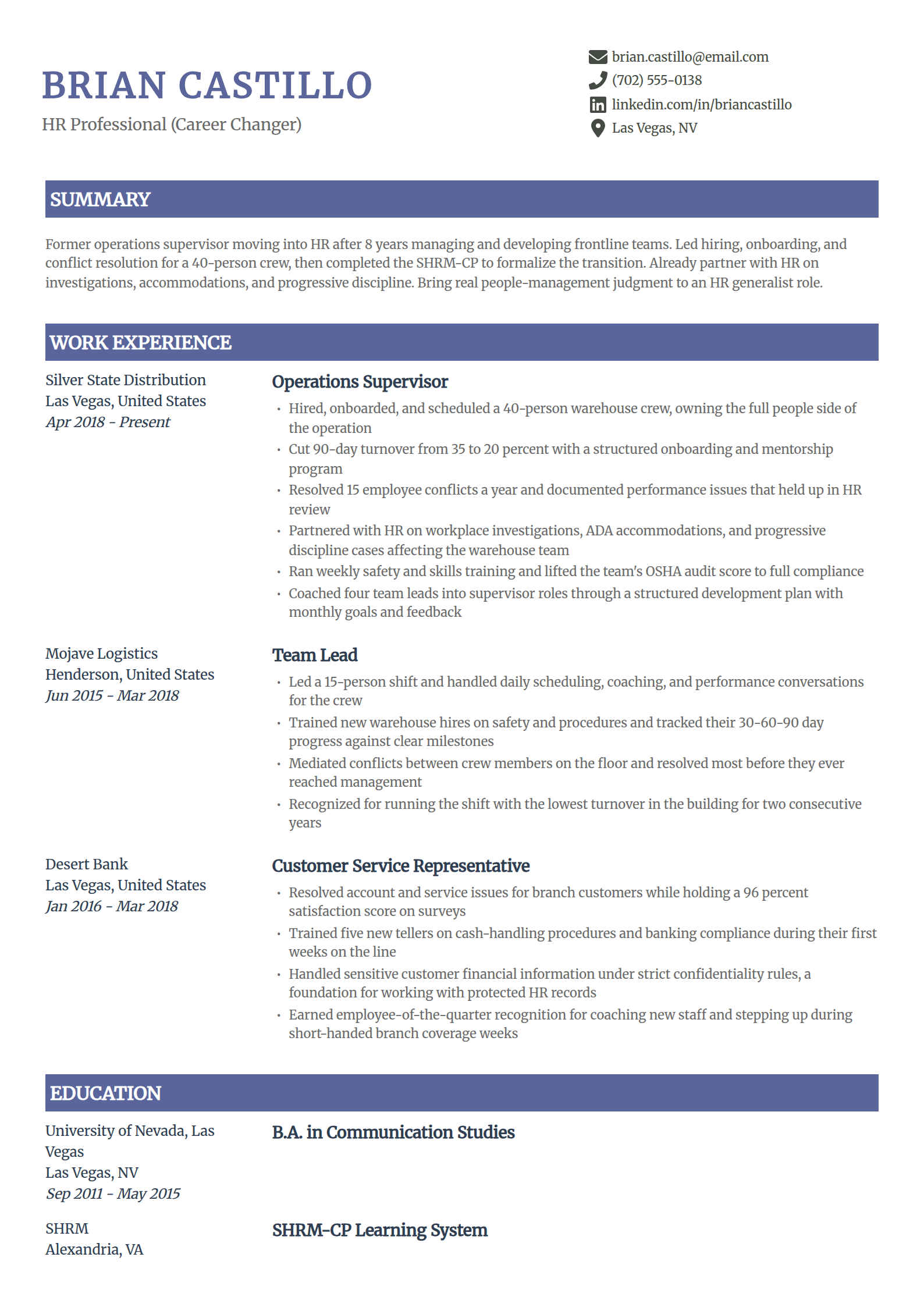 Career-change into HR resume example in the Catalyst template