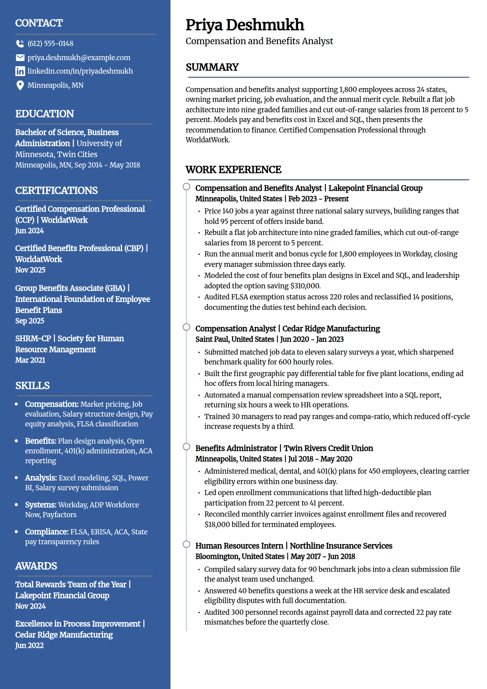 Compensation and benefits analyst resume example in the Creative template