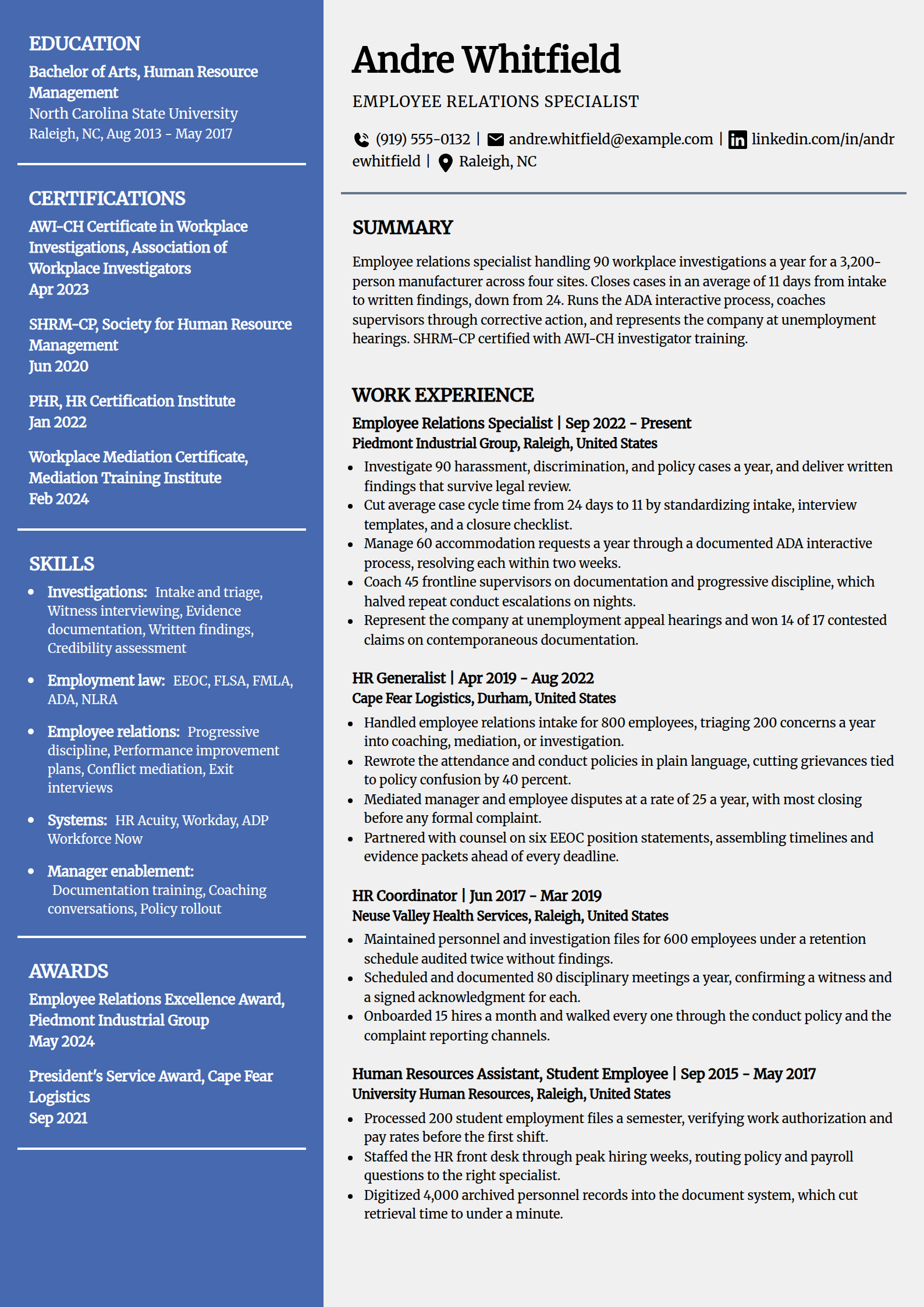 Employee relations specialist resume example in the Innovative template