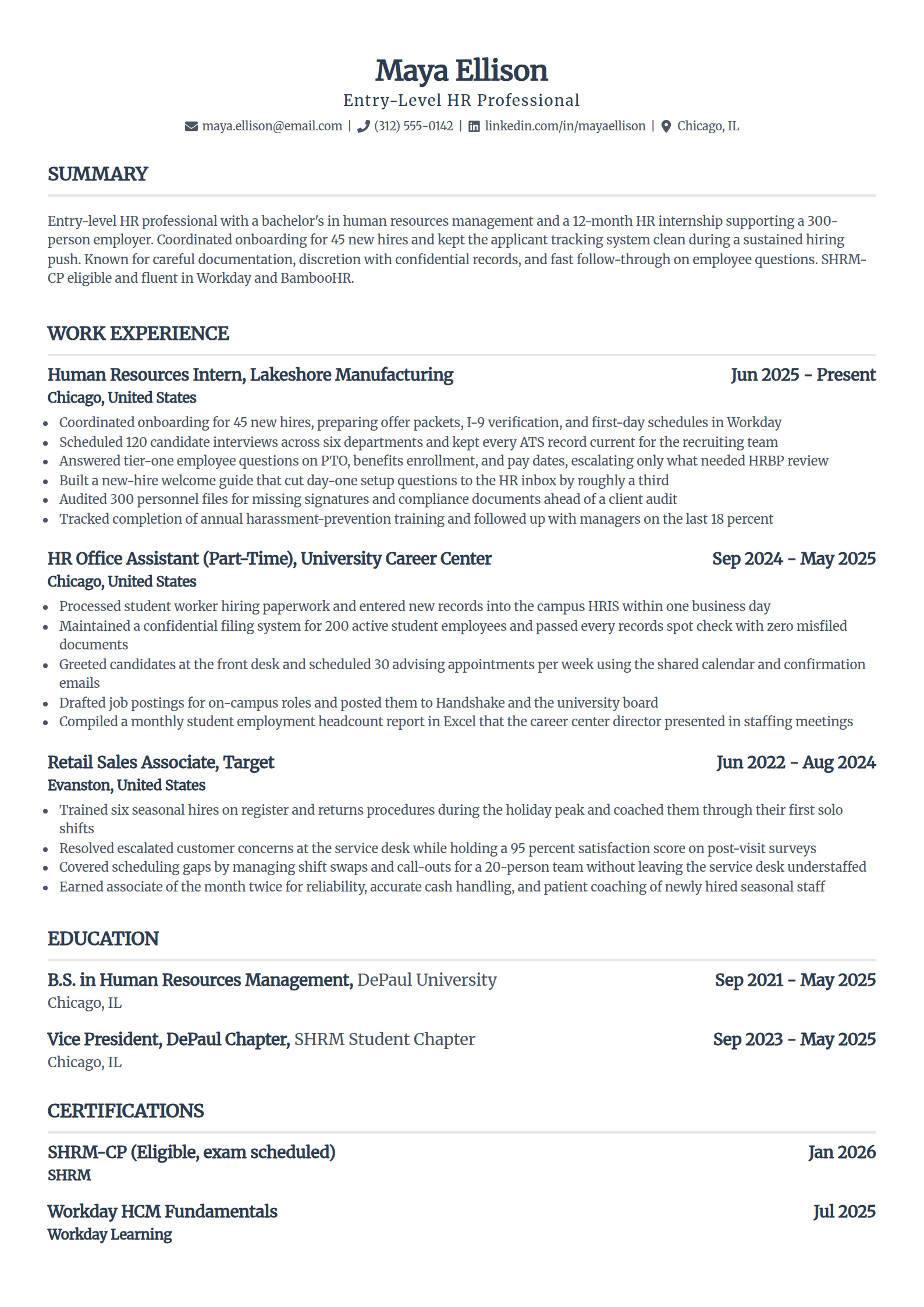 Entry-level human resources resume example in the Standard template