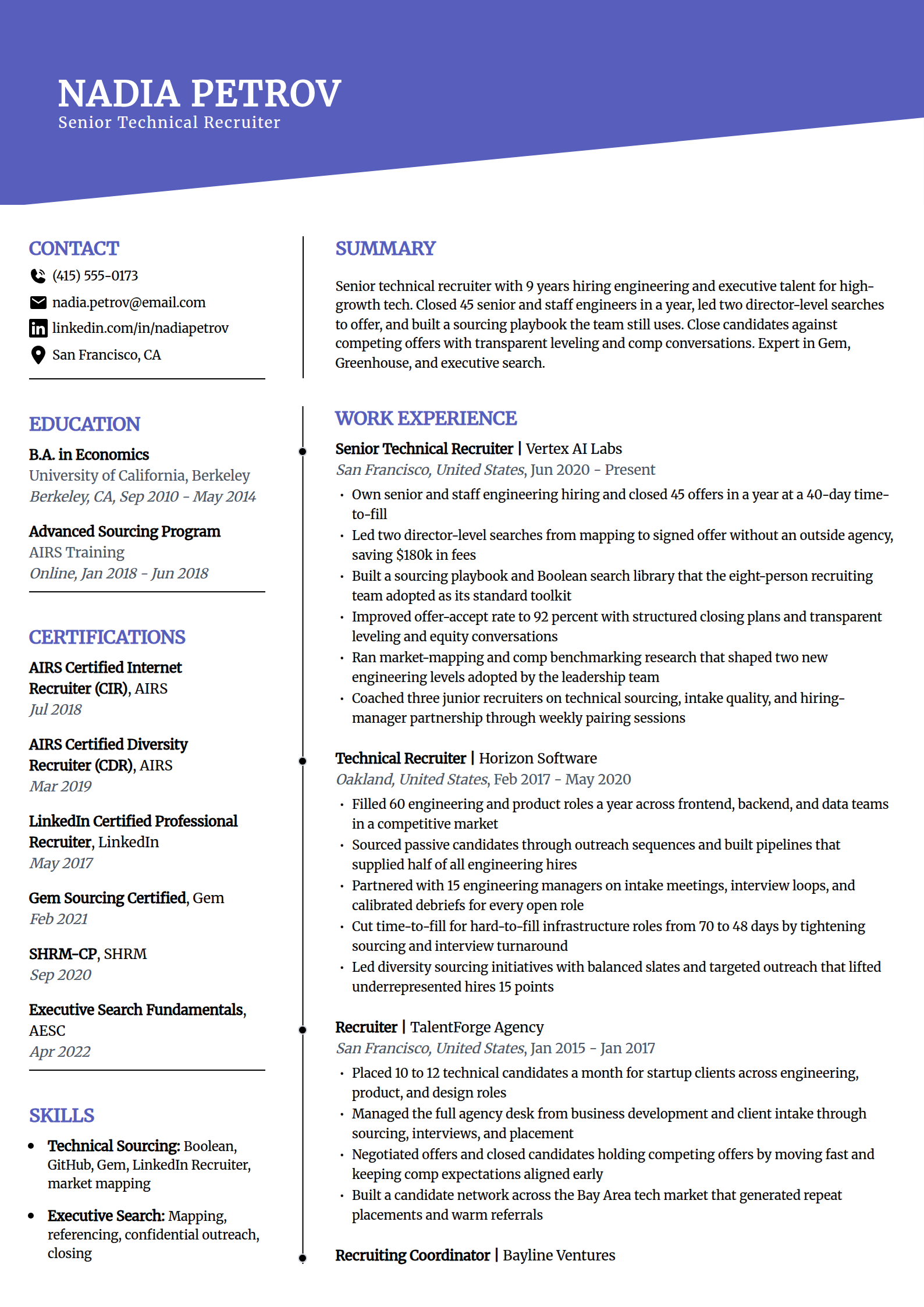 Senior technical and executive recruiter resume example in the Orbit template