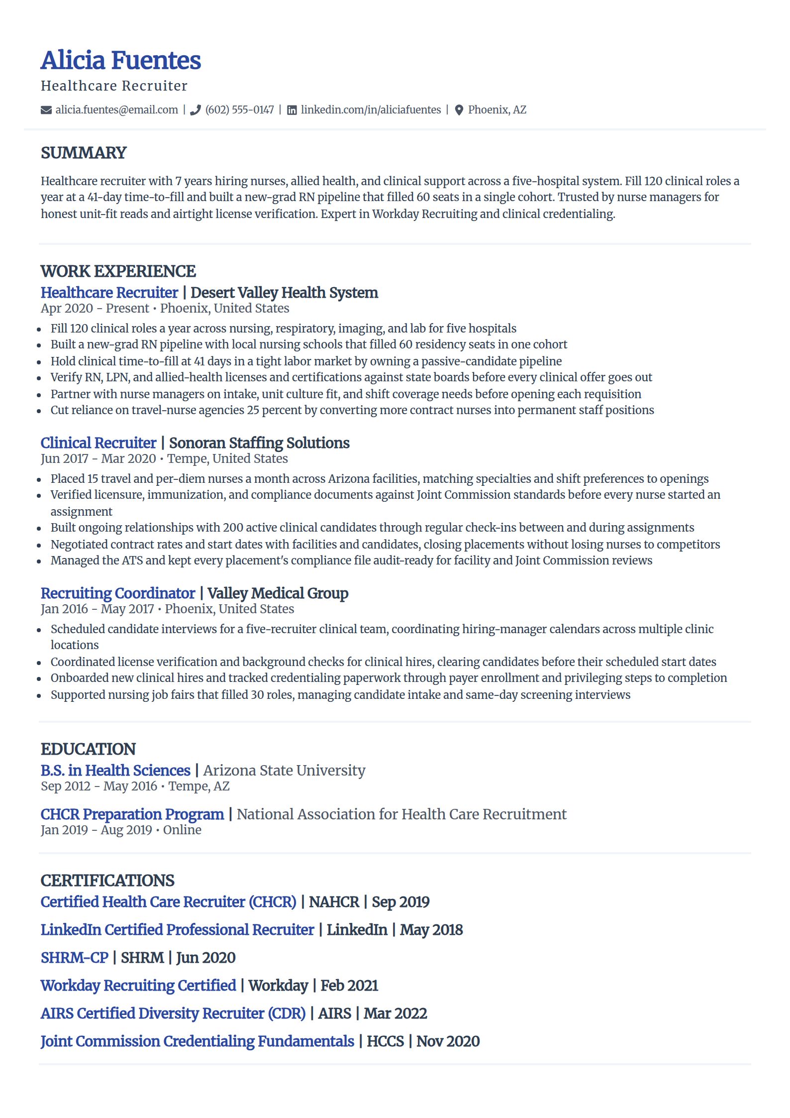 Healthcare recruiter resume example in the Elegant template