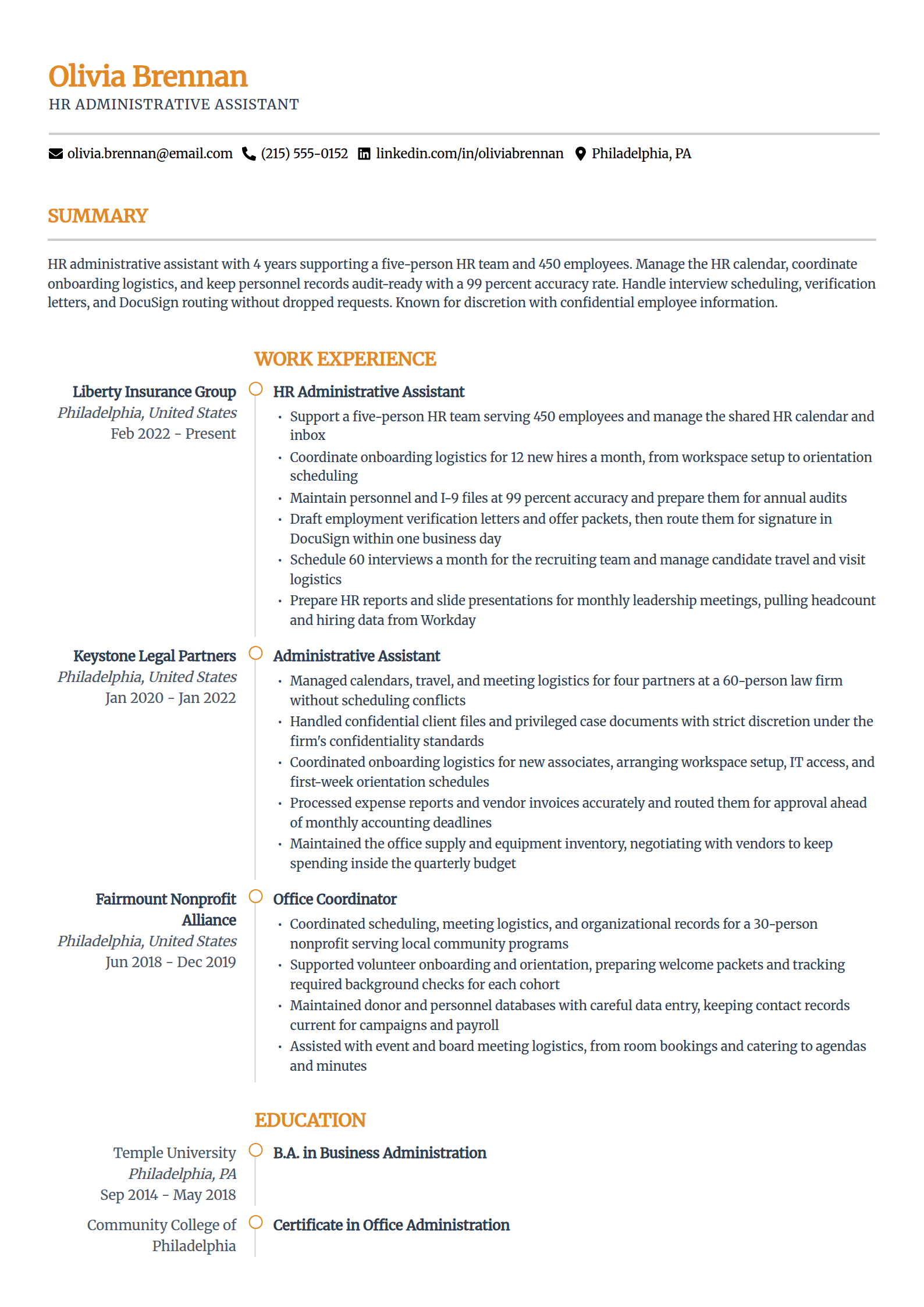 HR administrative assistant resume example in the Zenith template
