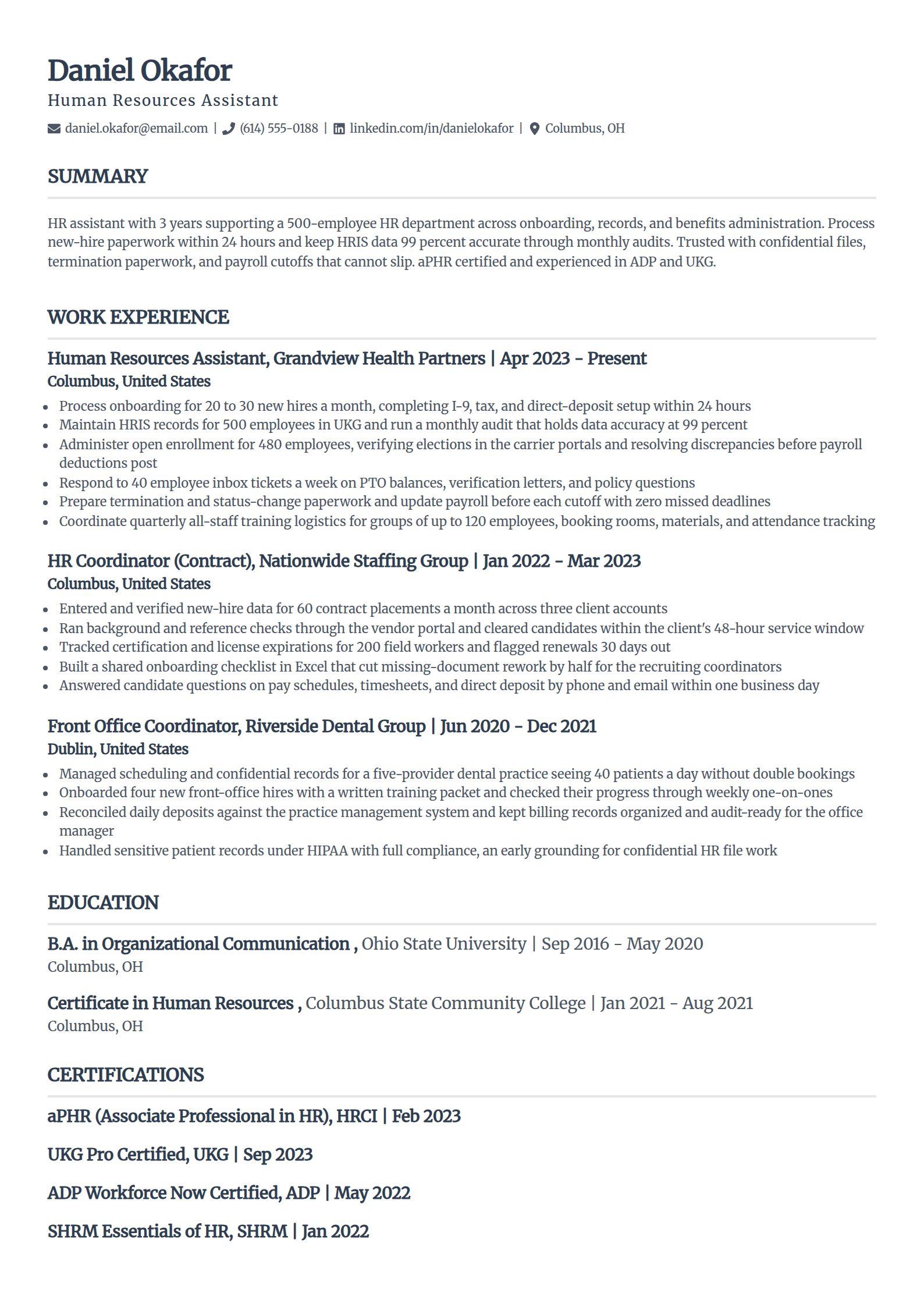 HR assistant resume example in the Classic template