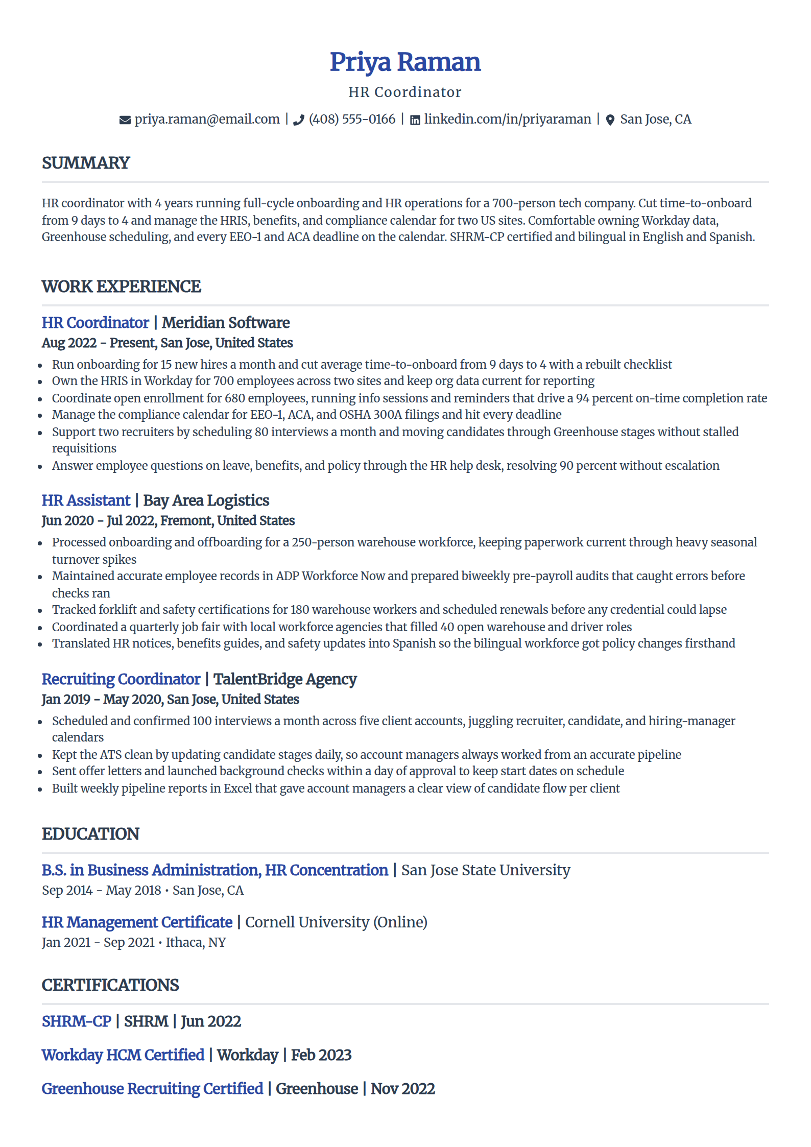HR coordinator resume example in the Simple template