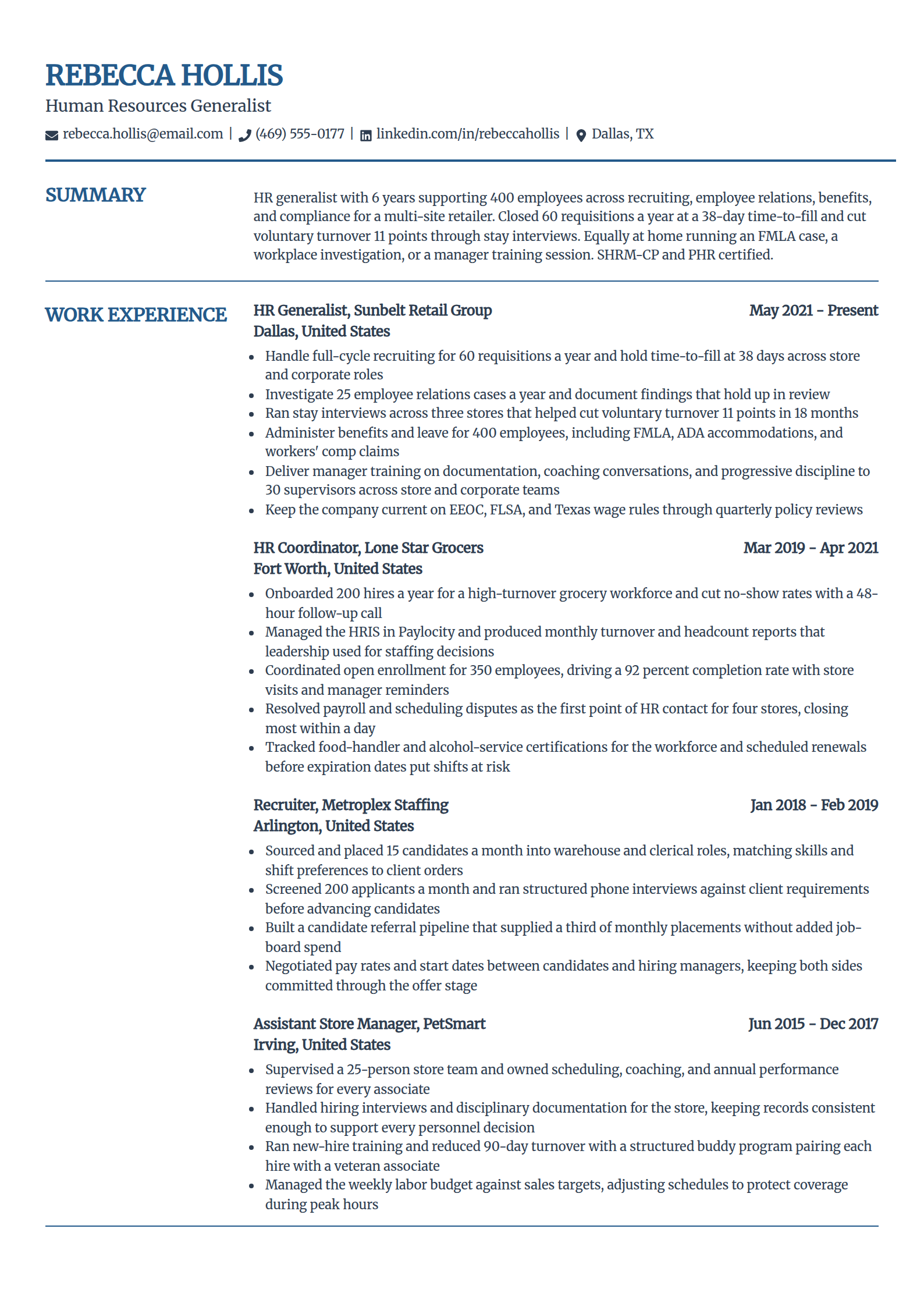 HR generalist resume example in the Craft template