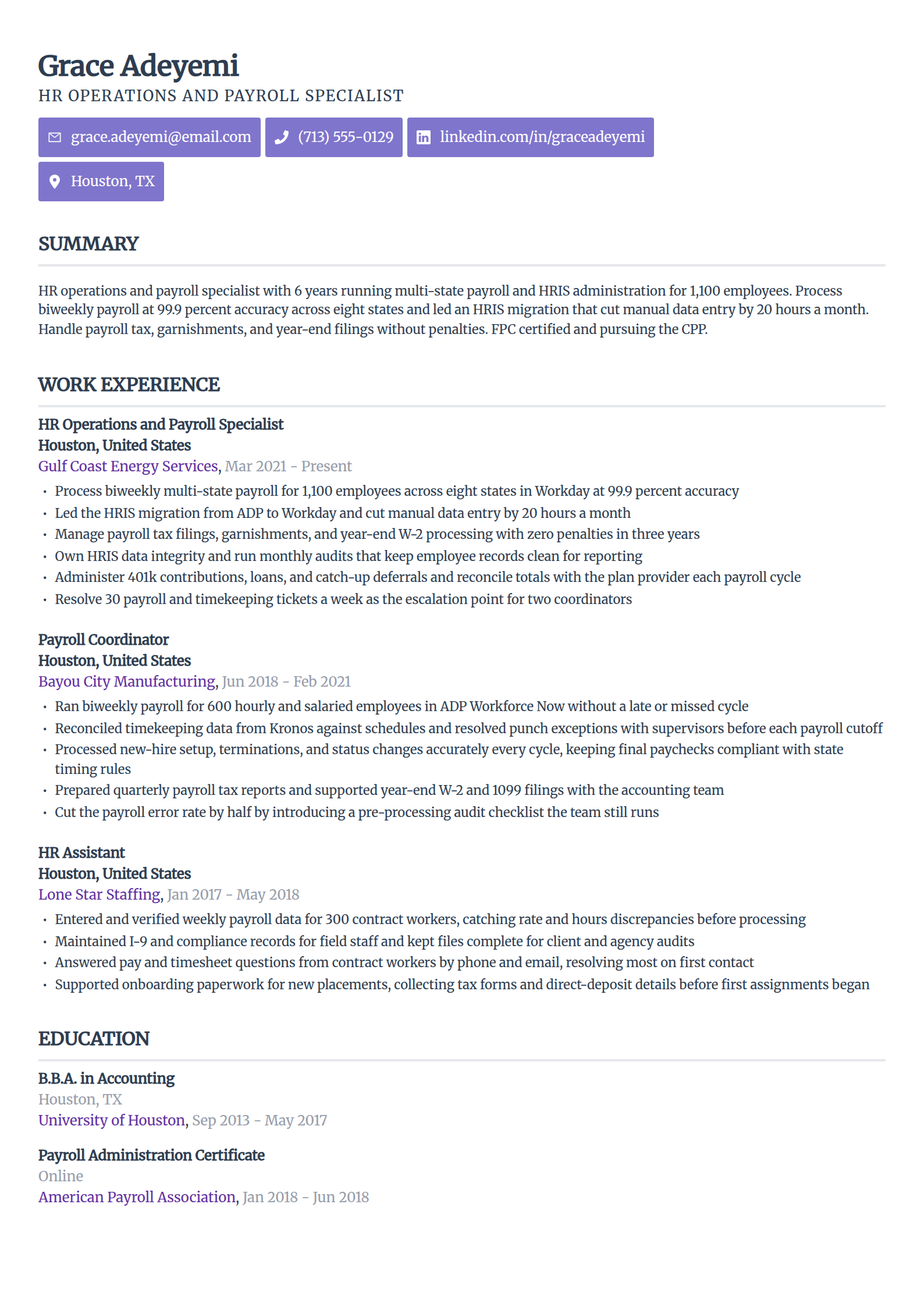 HR operations and payroll specialist resume example in the Sleek Framework template