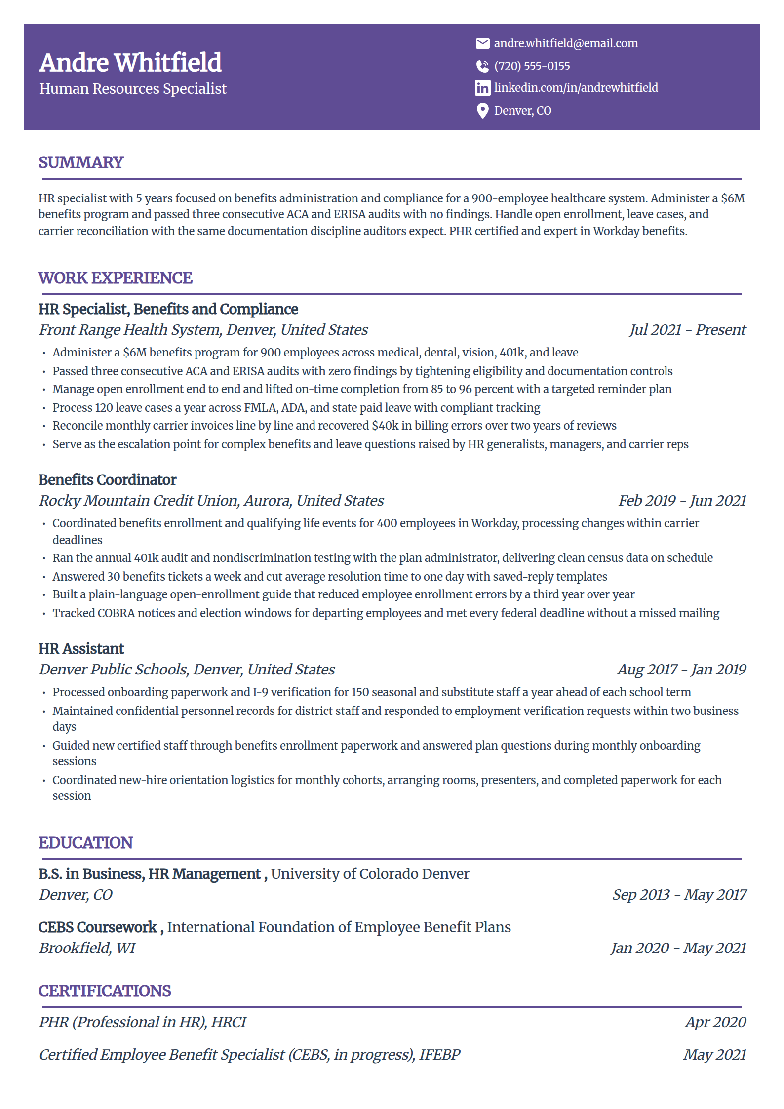HR benefits and compliance specialist resume example in the Panorama template
