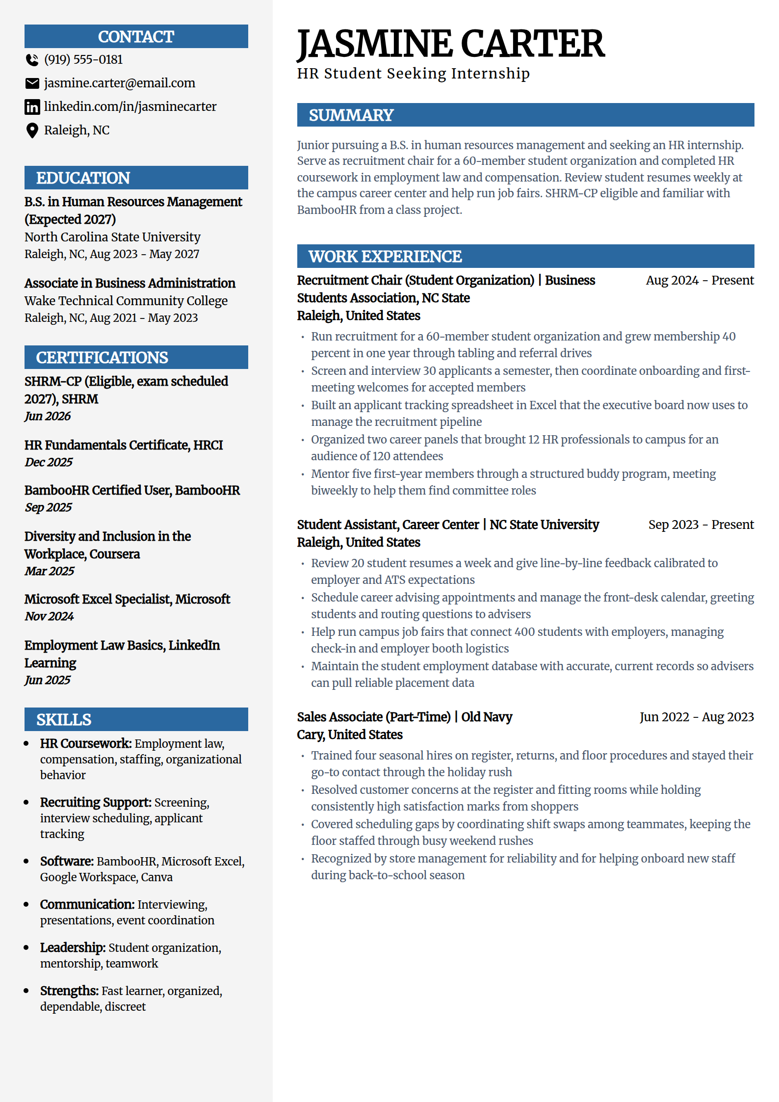 HR student and internship resume example with no experience in the Mosaic template