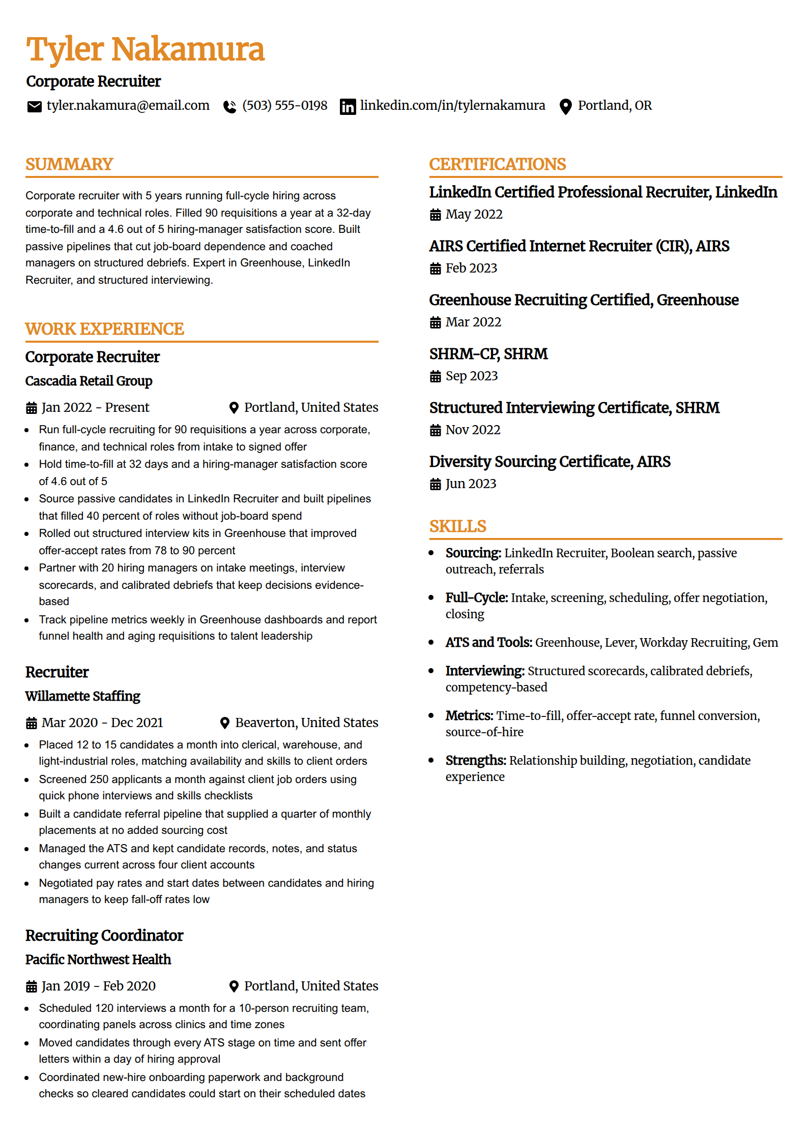 Corporate recruiter resume example in the Professional Edge template