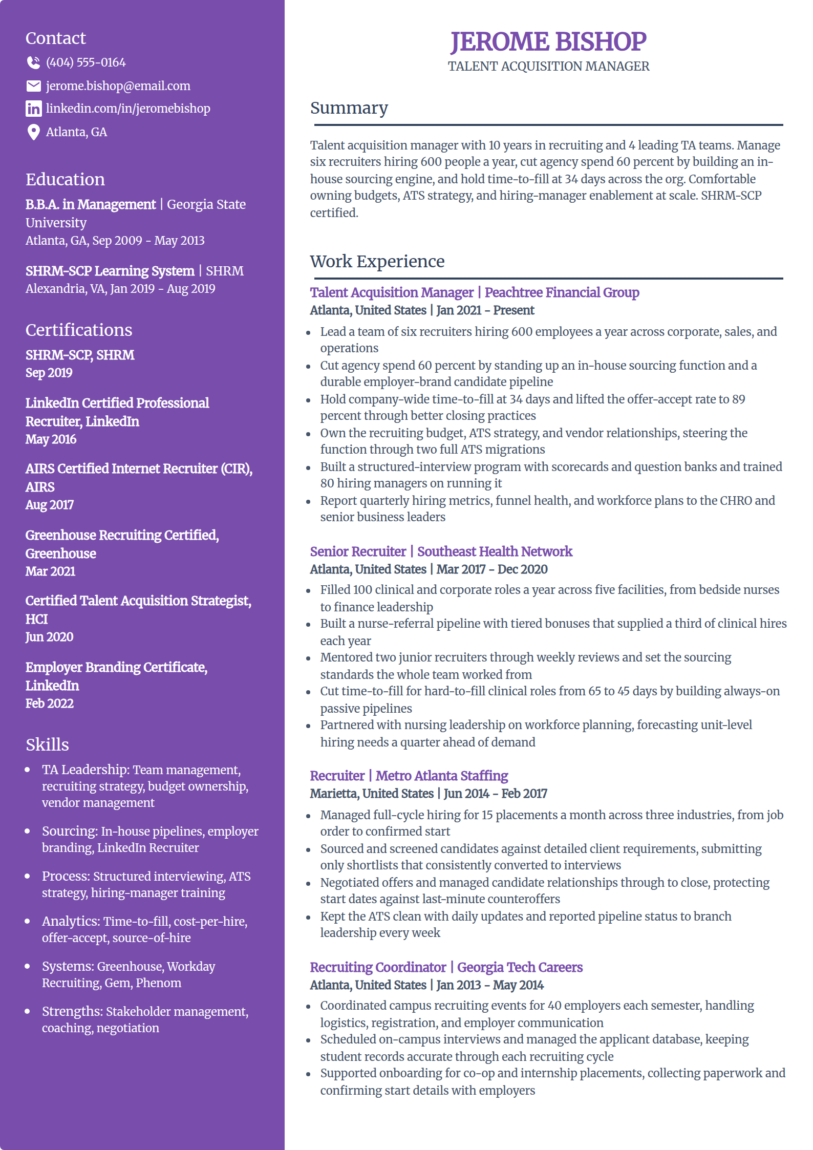 Talent acquisition manager resume example in the Pioneer template
