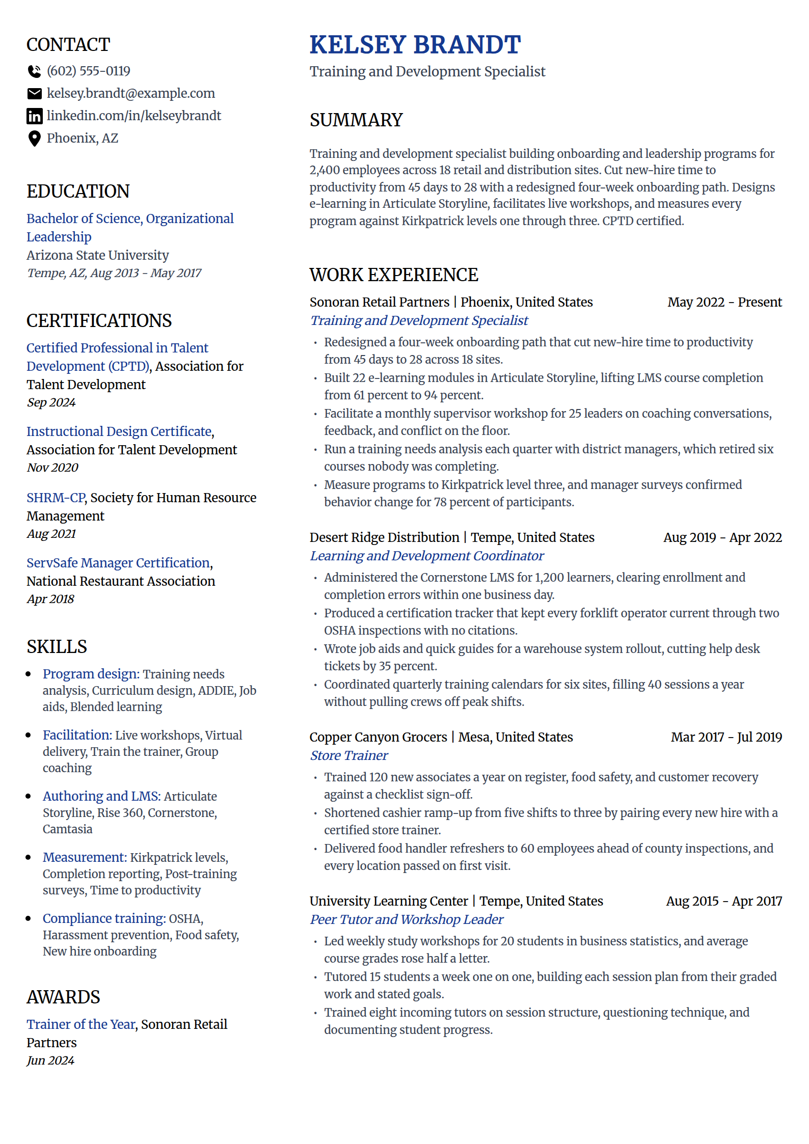 Training and development specialist resume example in the Voyage template