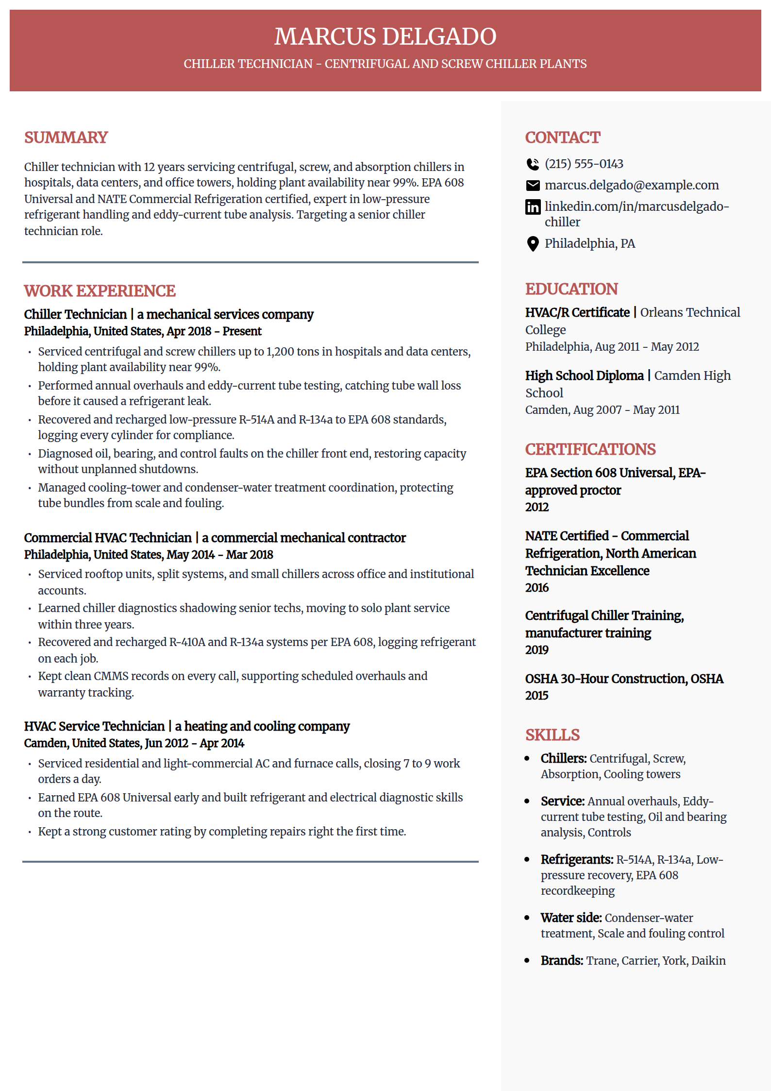 Commercial chiller technician resume example in the Executive template