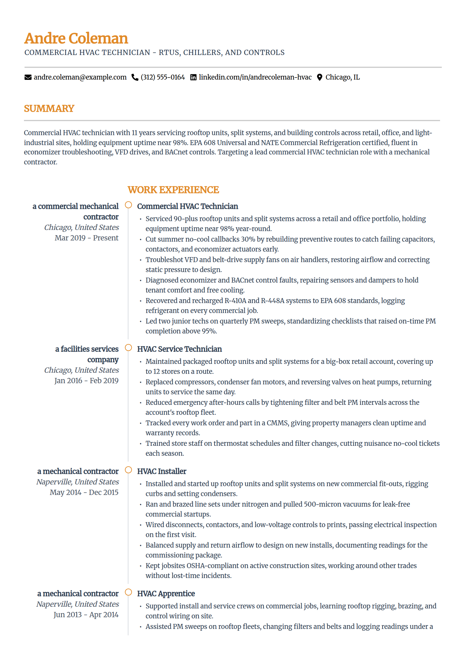 Commercial HVAC technician resume example in the Zenith template