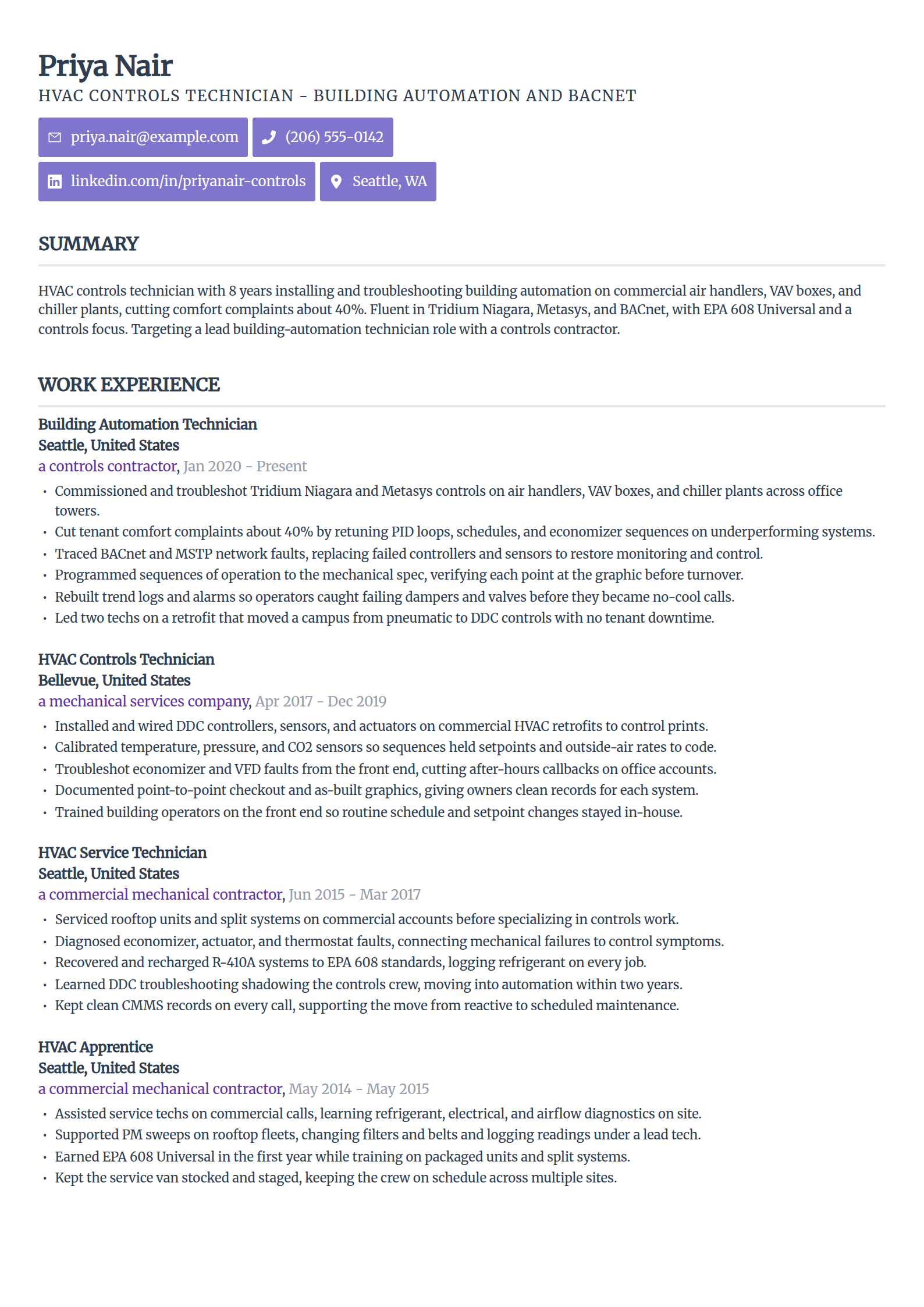 HVAC controls and building automation technician resume example in the Sleek Framework template