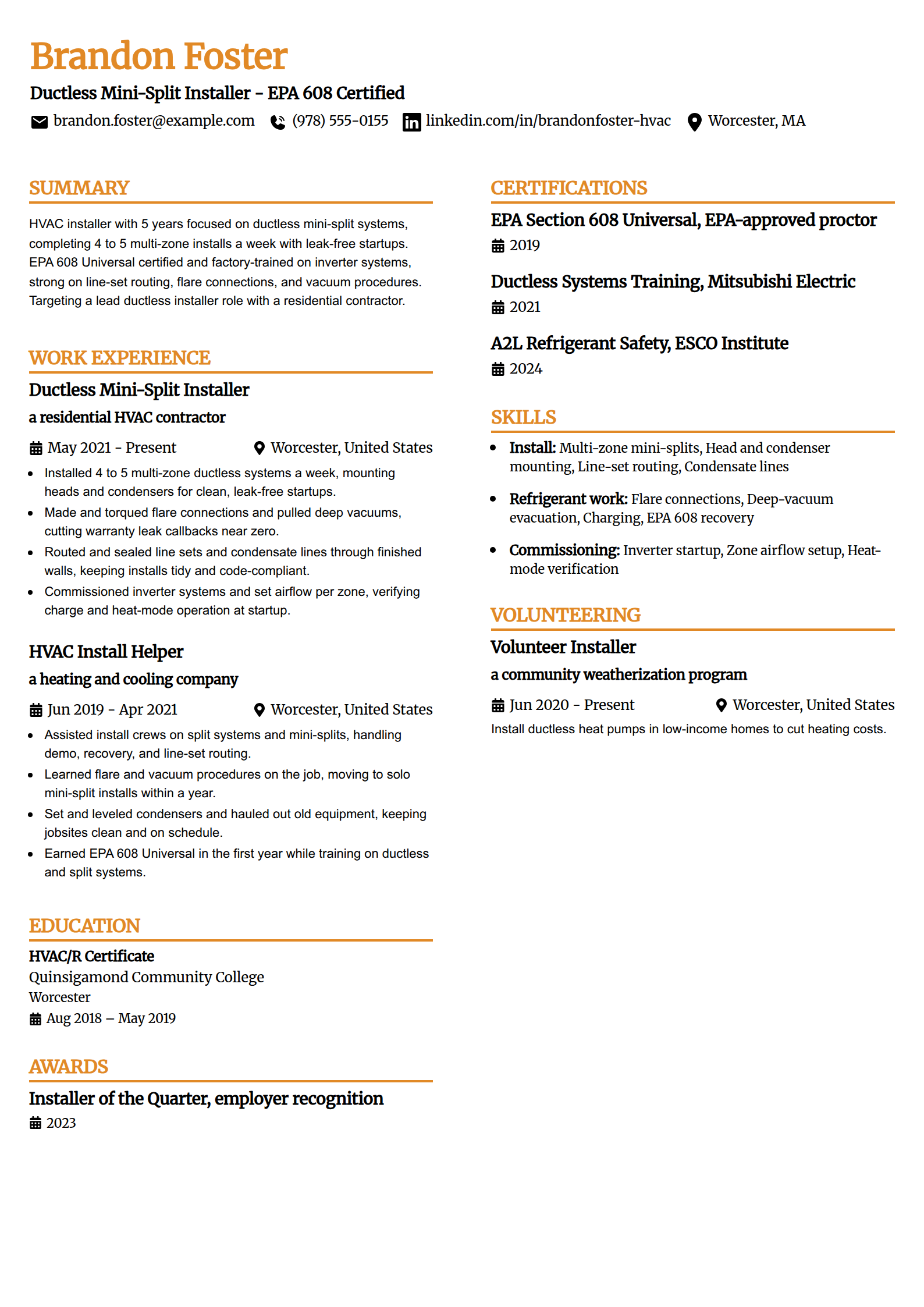 Ductless mini-split installer resume example in the Professional Edge template