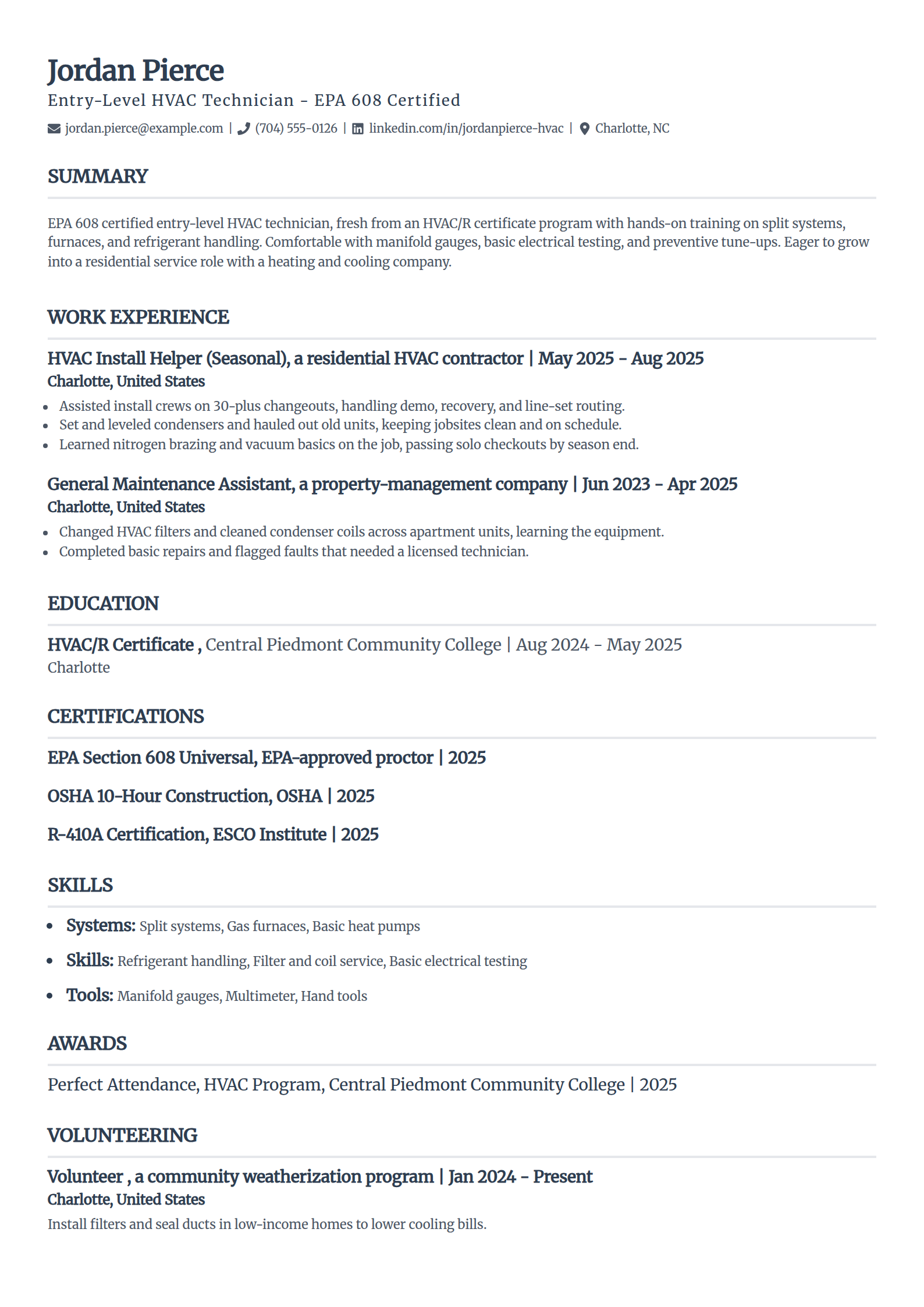 Entry-level HVAC technician resume example in the Classic template