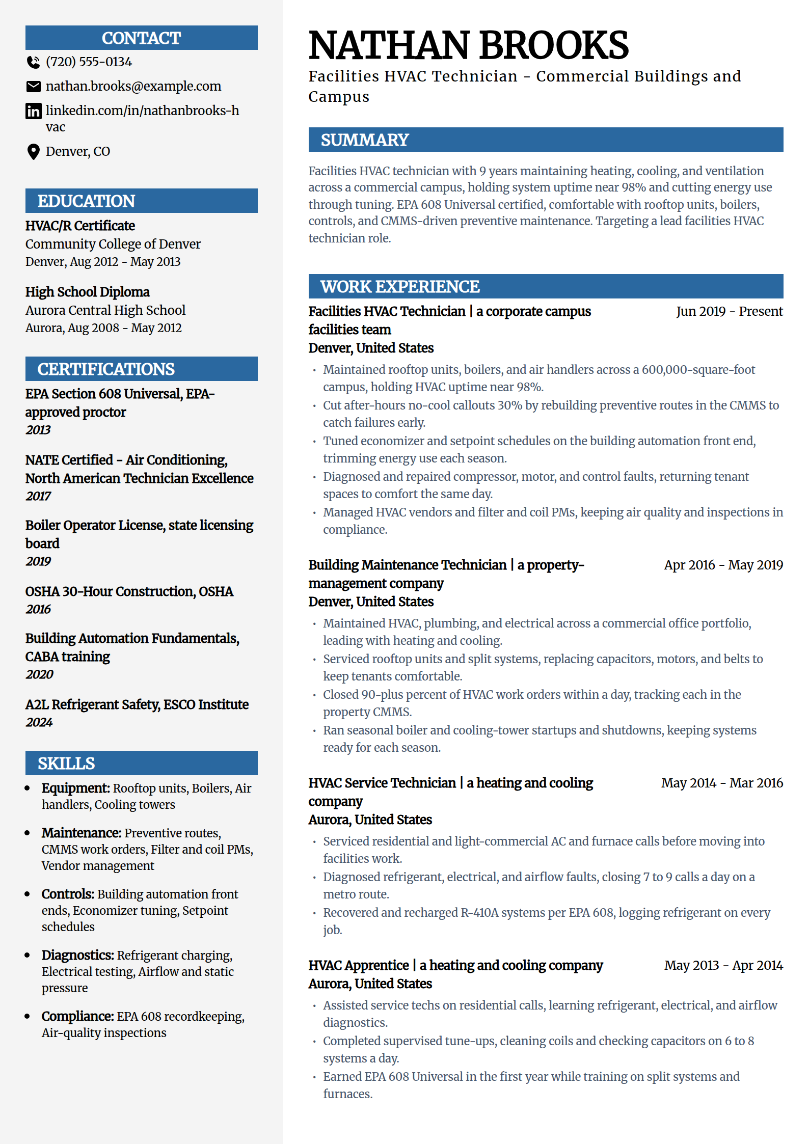 Facilities HVAC technician resume example in the Mosaic template