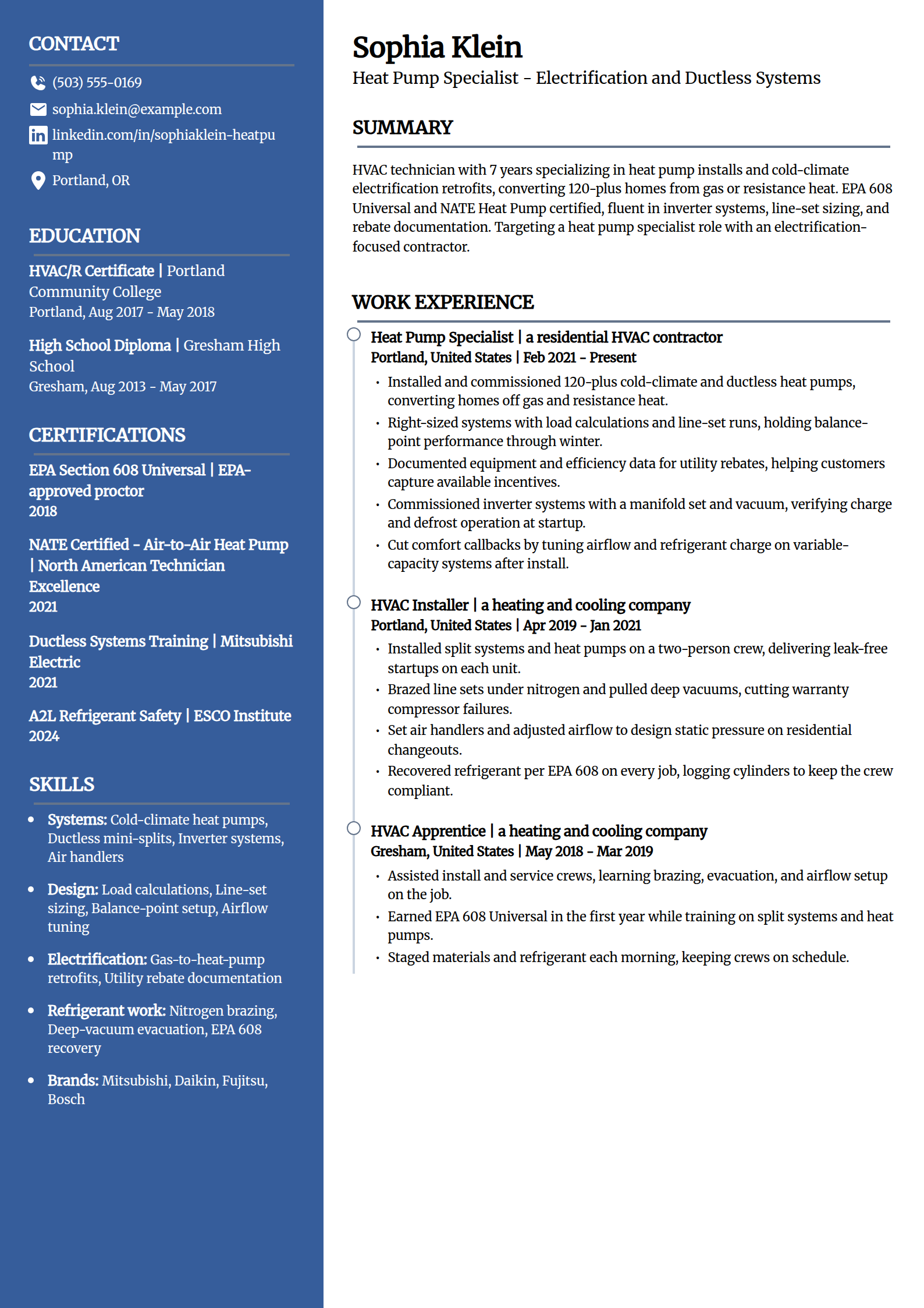 Heat pump and electrification specialist resume example in the Creative template