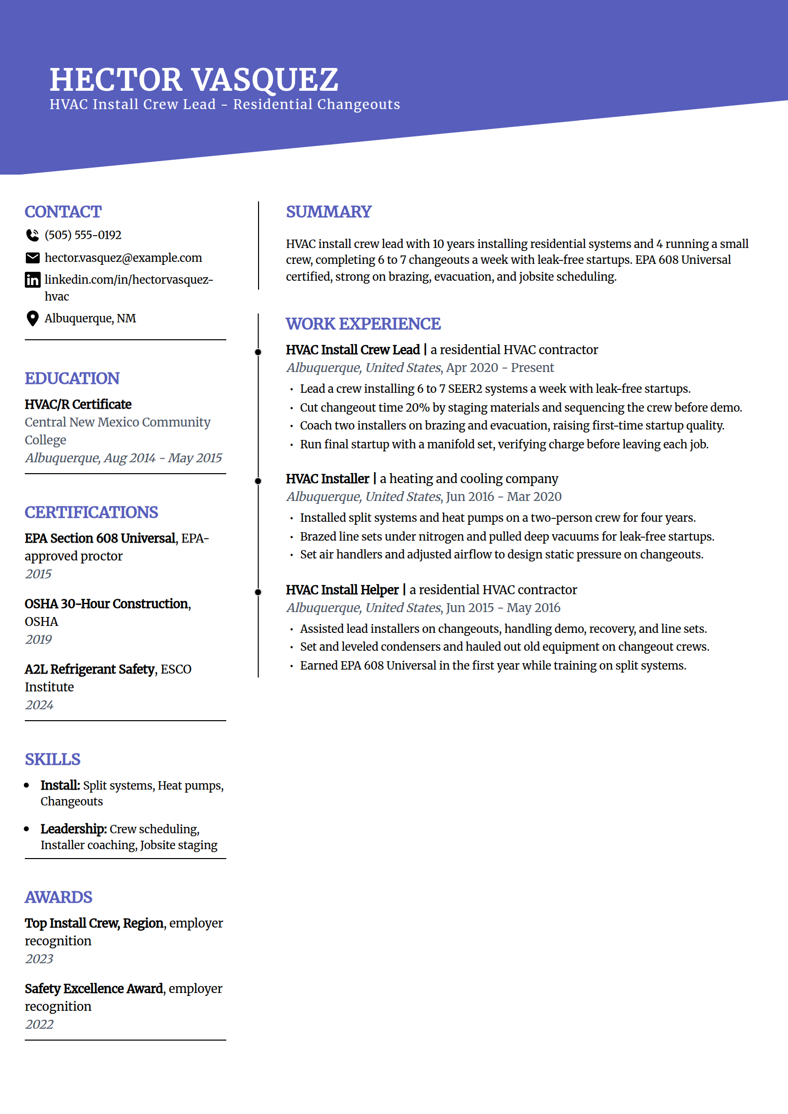 HVAC install crew lead resume example in the Orbit template