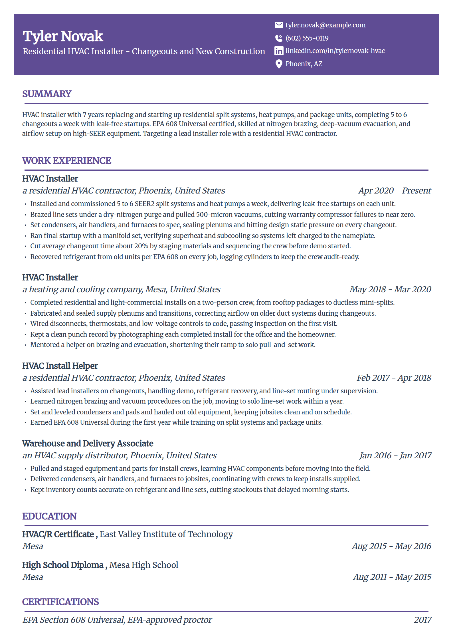 Residential HVAC installer resume example in the Panorama template