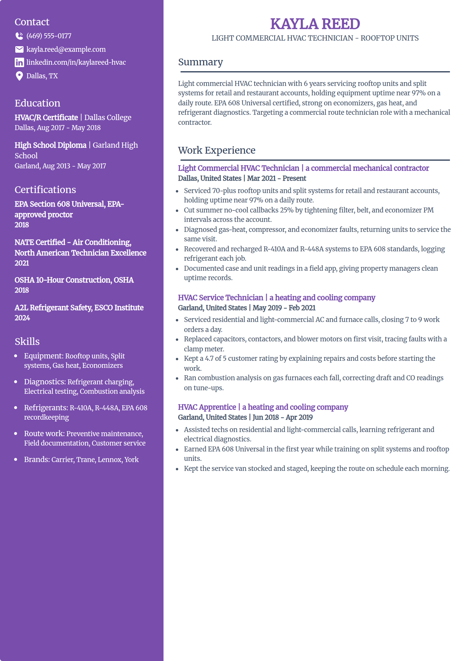 Light commercial rooftop HVAC technician resume example in the Pioneer template