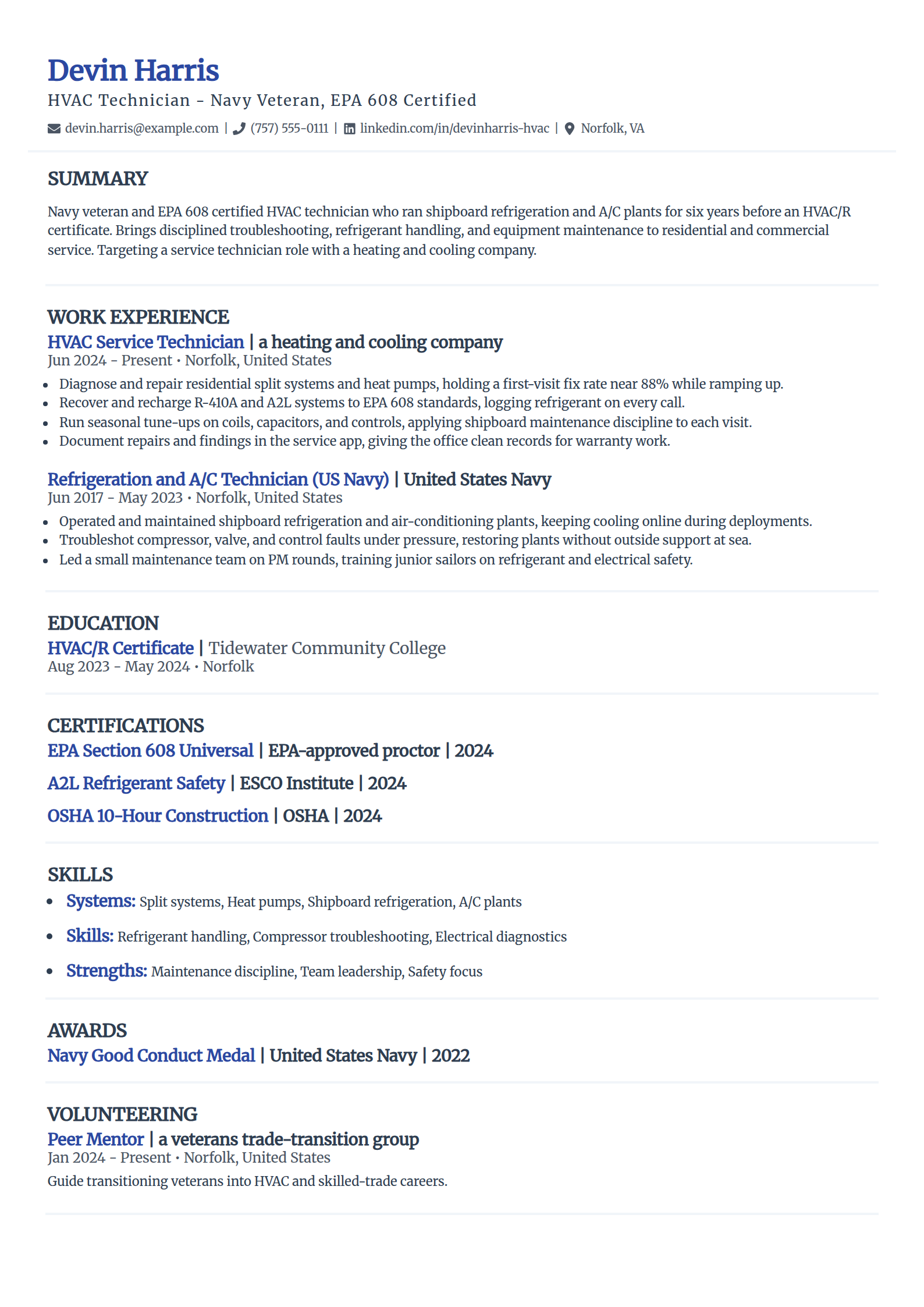 Military-to-HVAC career-change resume example in the Elegant template