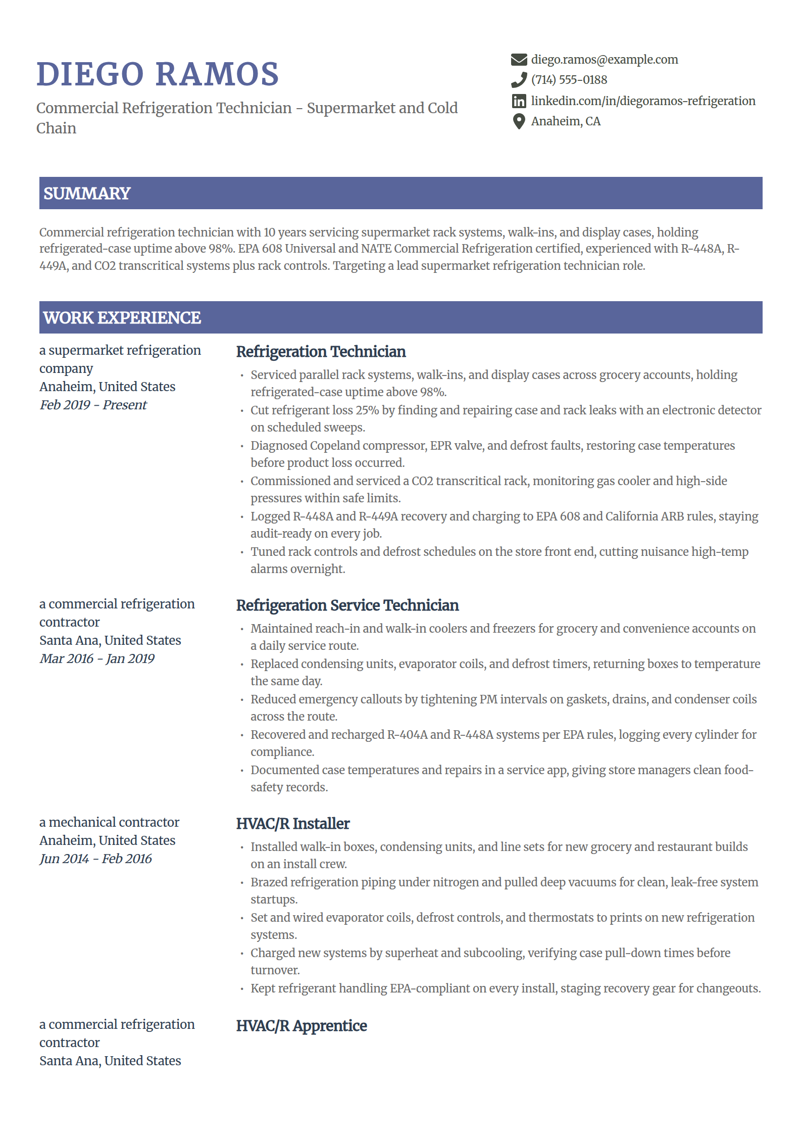 Supermarket refrigeration technician resume example in the Catalyst template