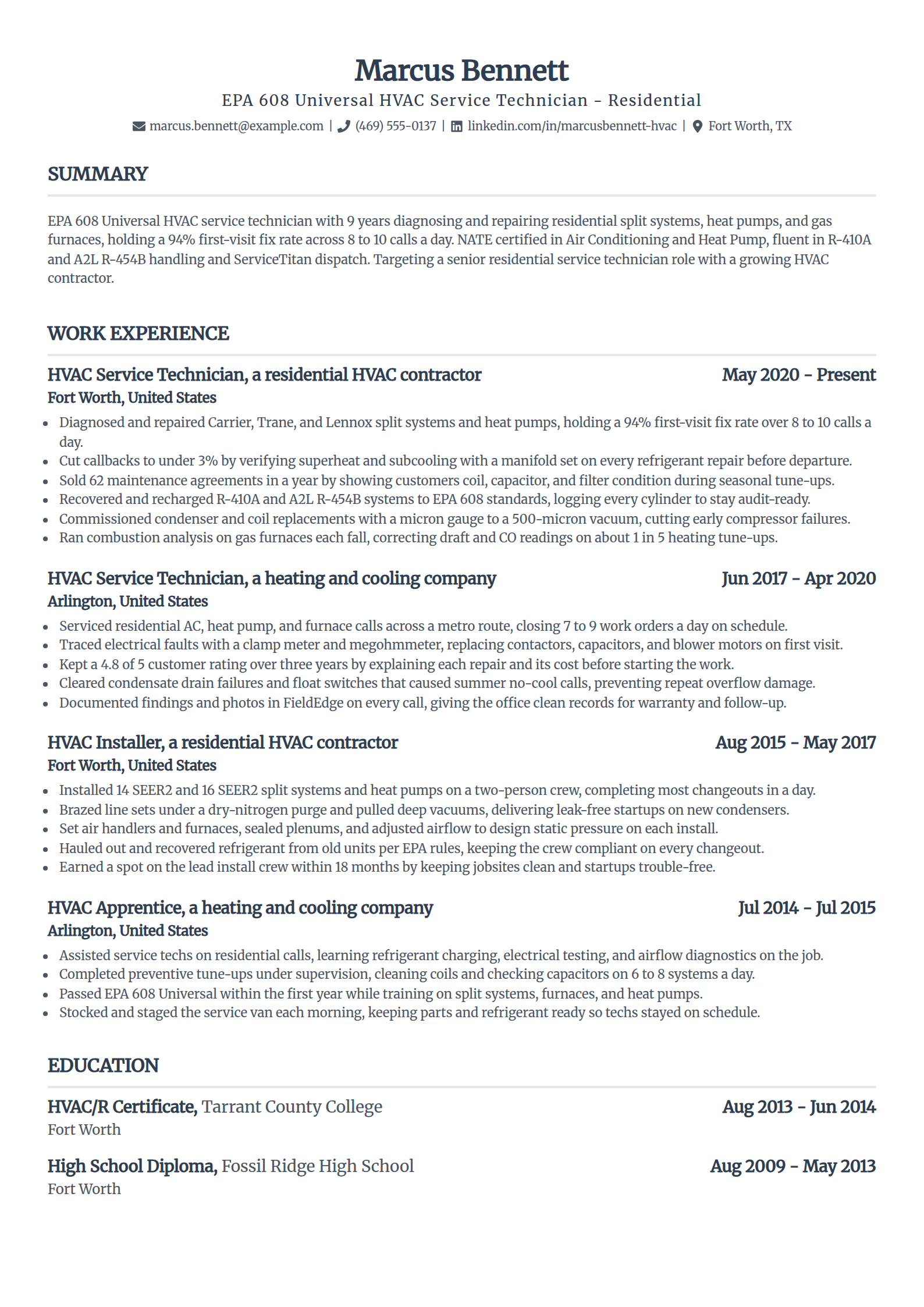 Residential HVAC service technician resume example in the Standard template