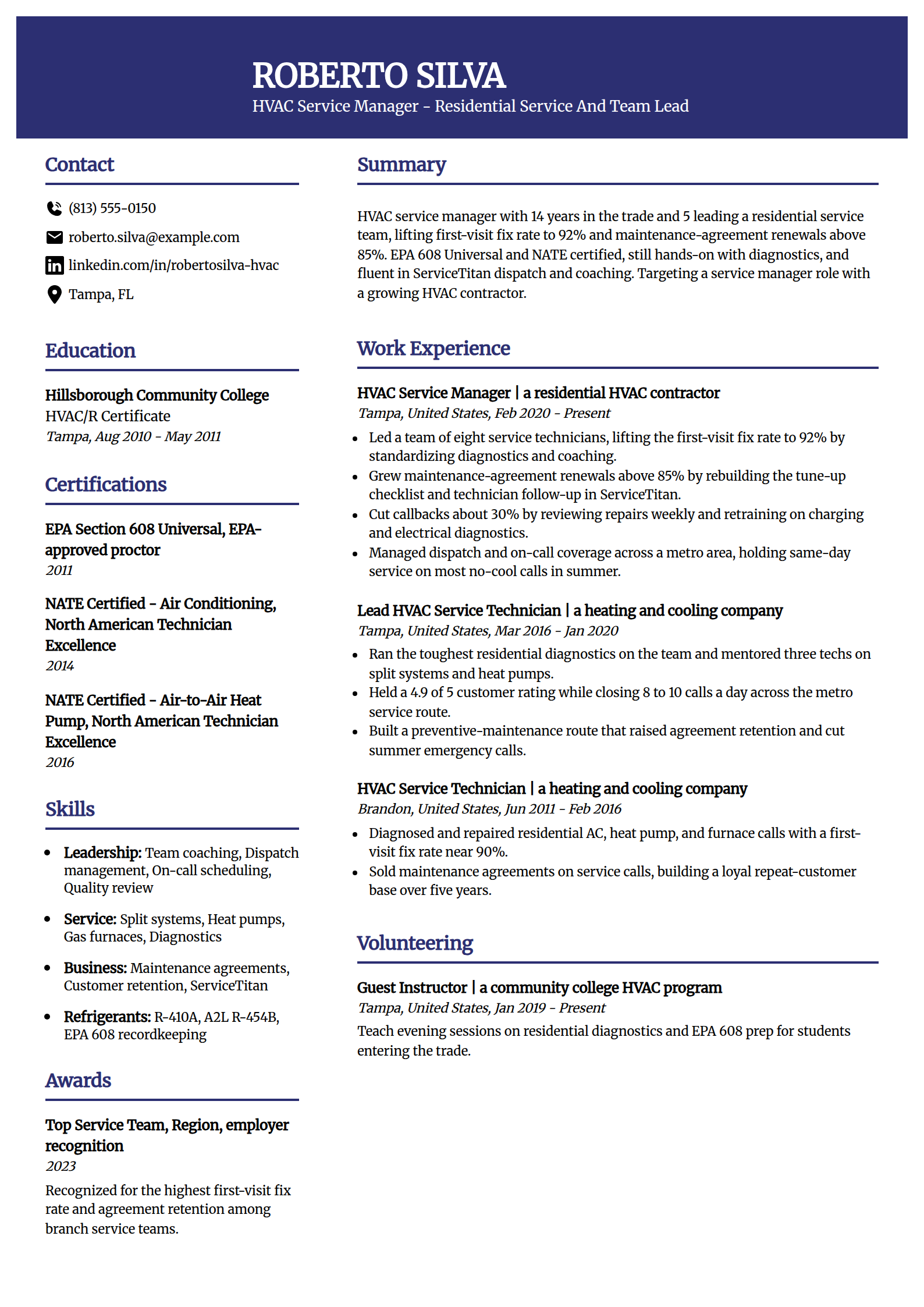 HVAC service manager resume example in the Visionary template
