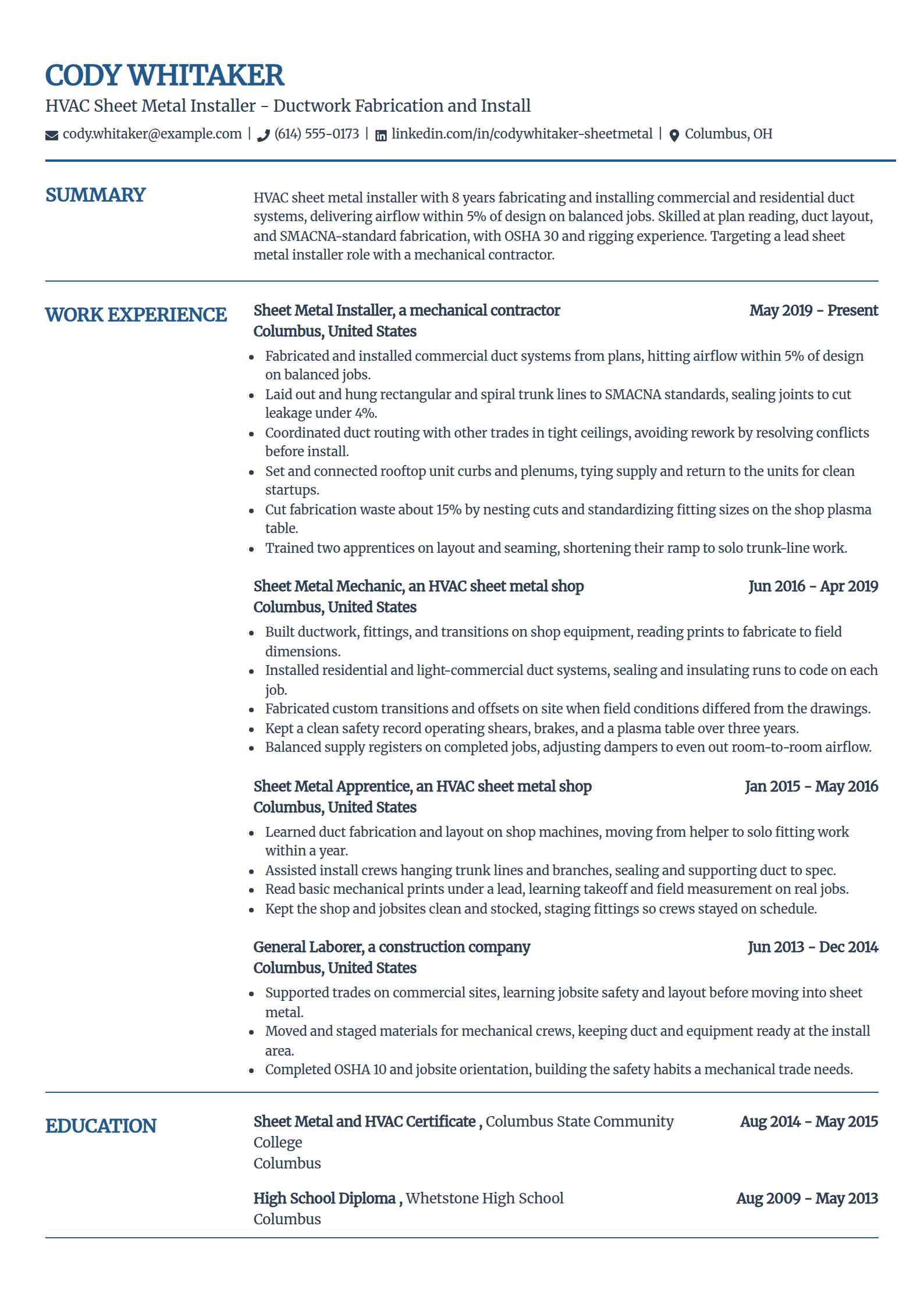 HVAC sheet metal and ductwork installer resume example in the Craft template