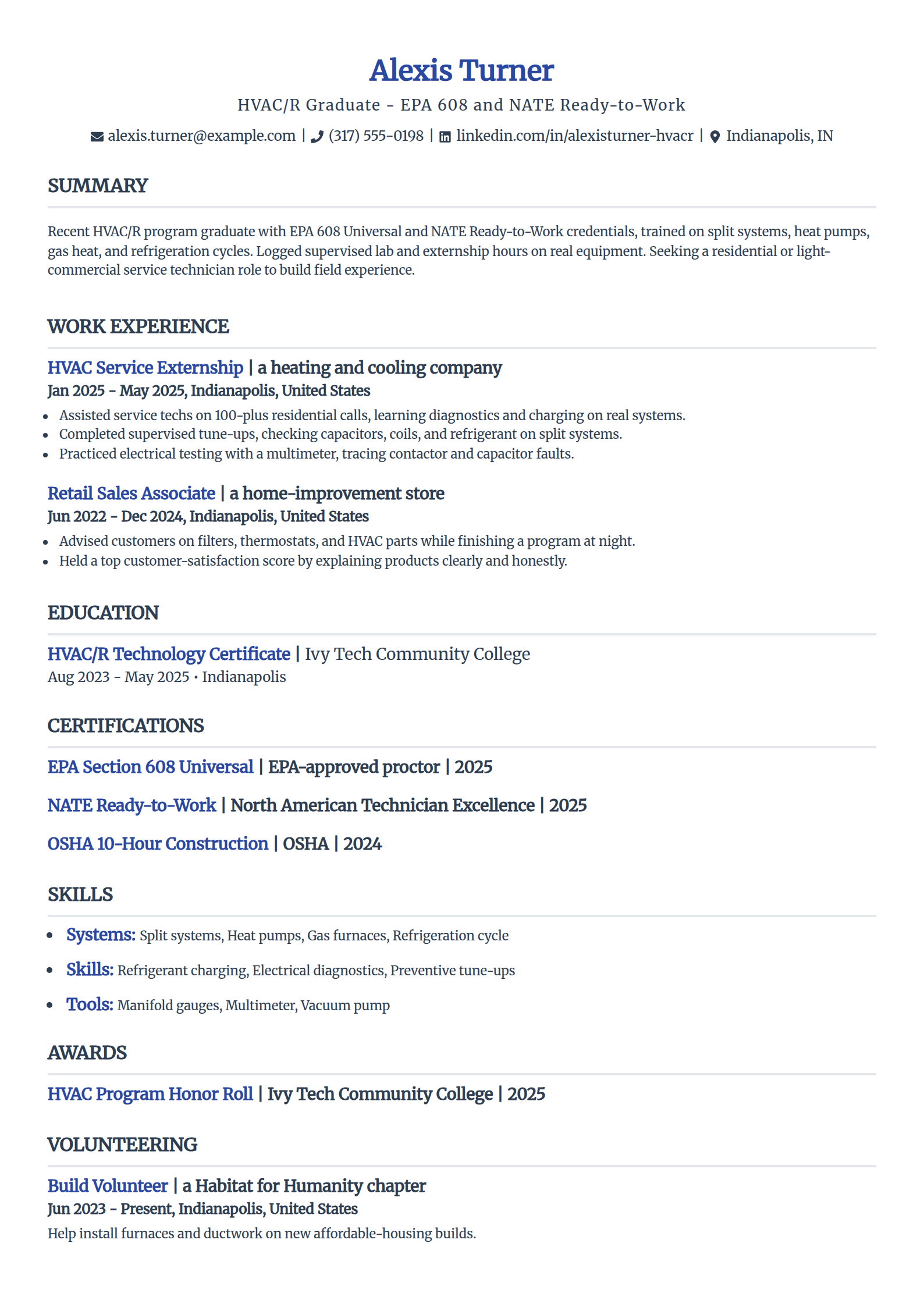 HVAC/R trade school graduate resume example in the Simple template