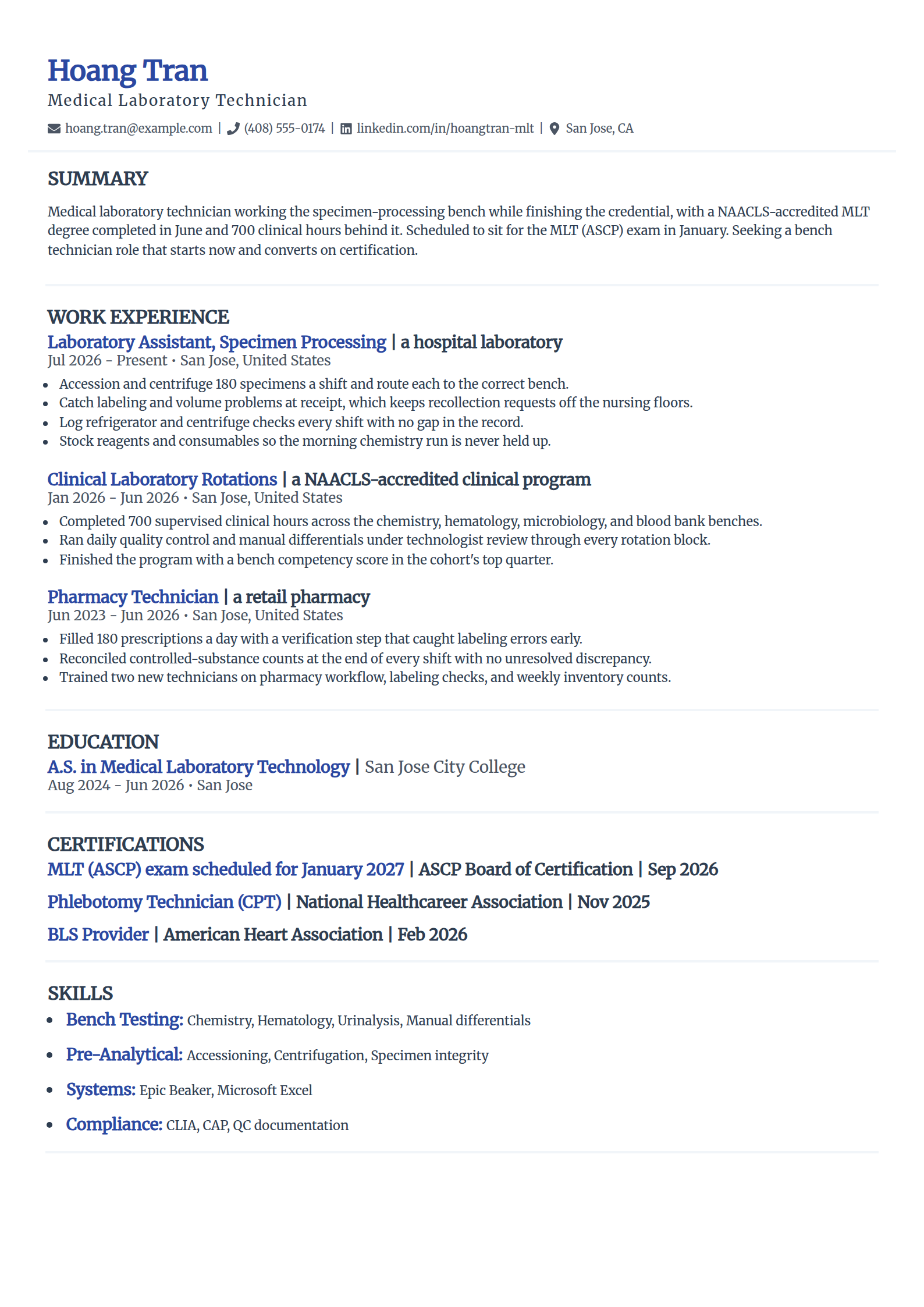 Lab technician resume example for an ASCP exam candidate, in the Elegant template