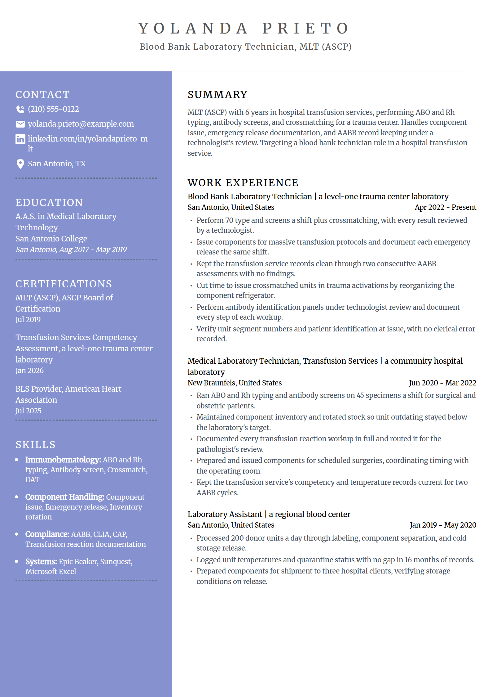 Blood bank and transfusion services lab technician resume example in the Luminary template