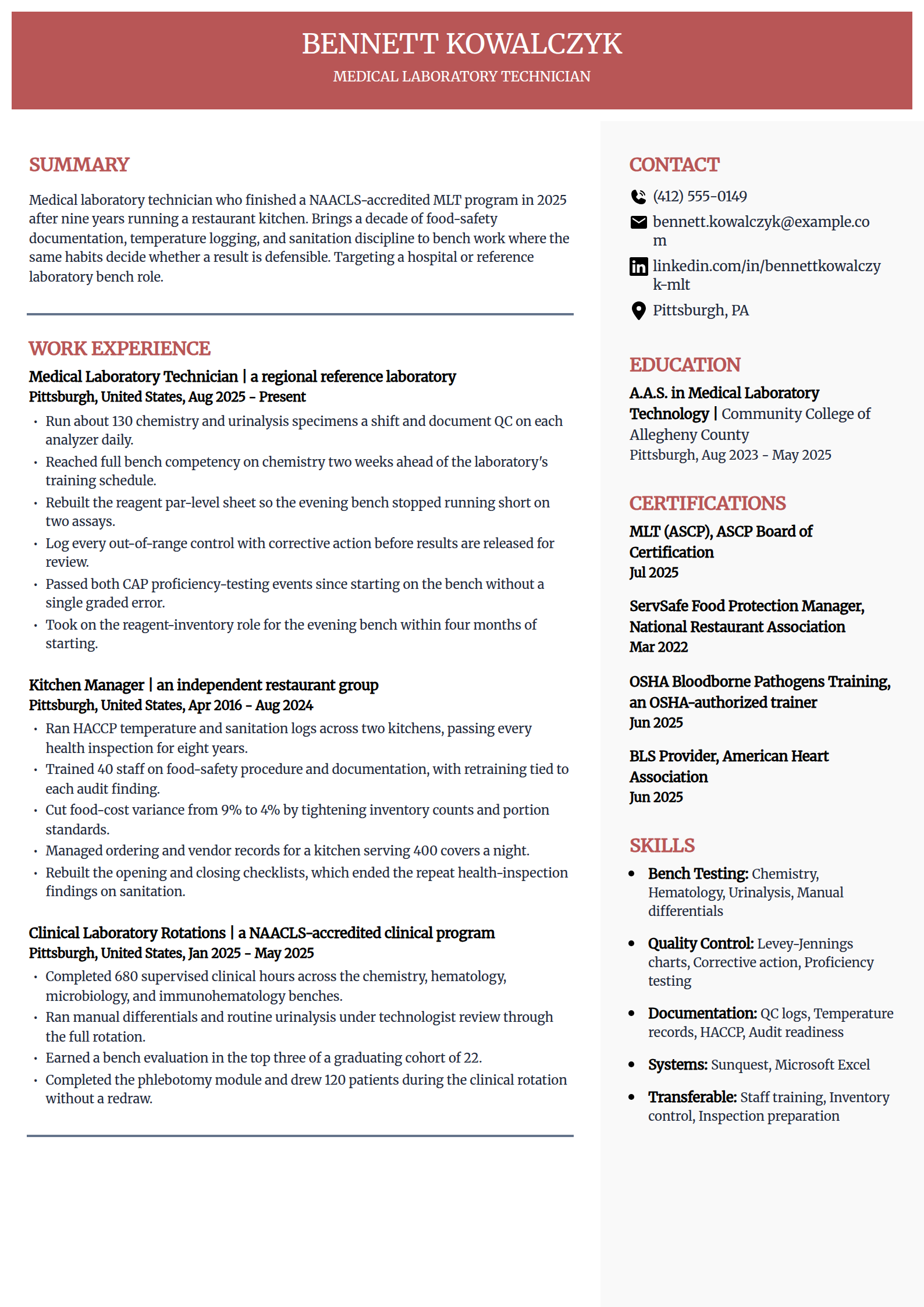 Career-change lab technician resume example in the Executive template