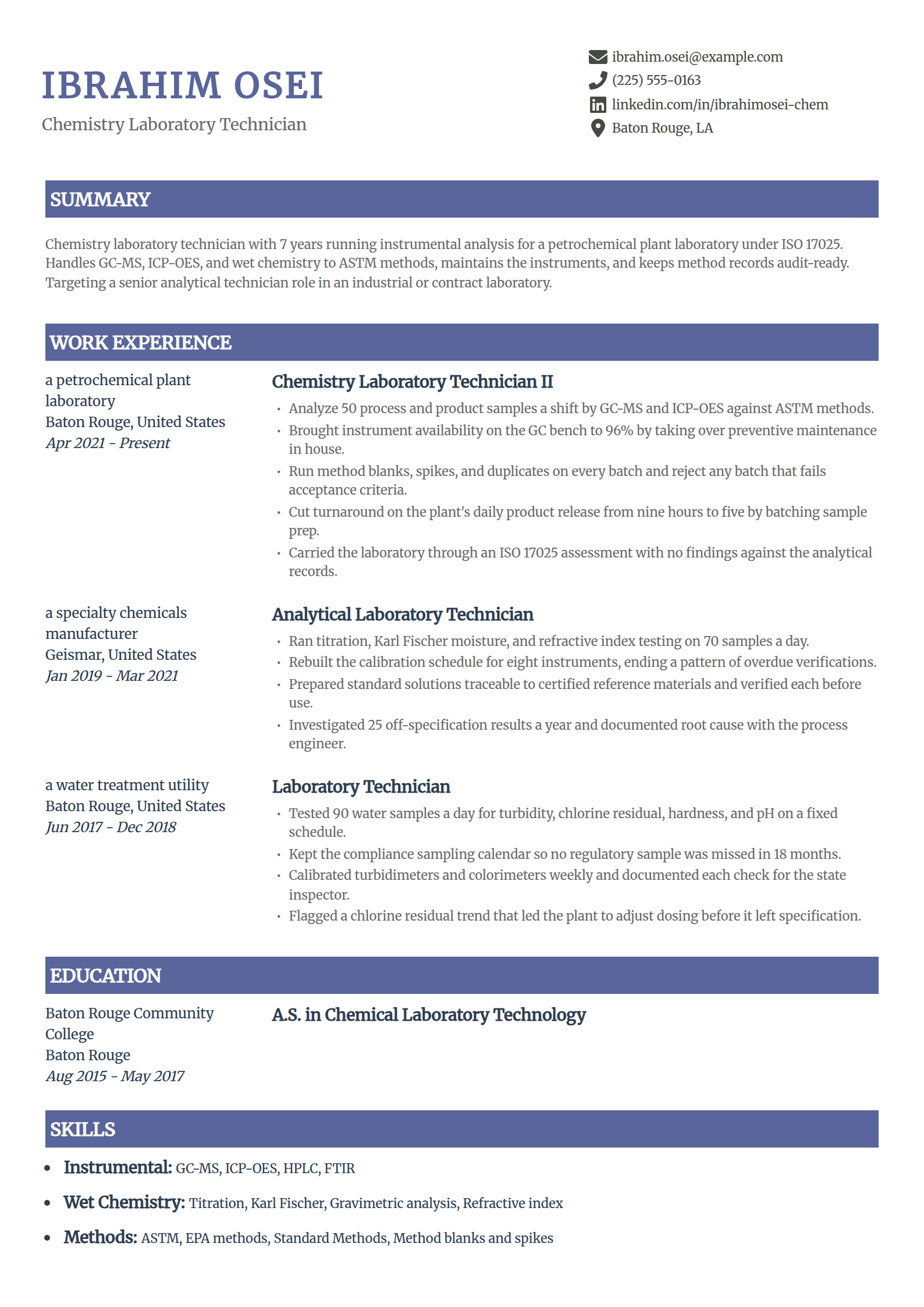 Chemistry lab technician resume example in the Catalyst template