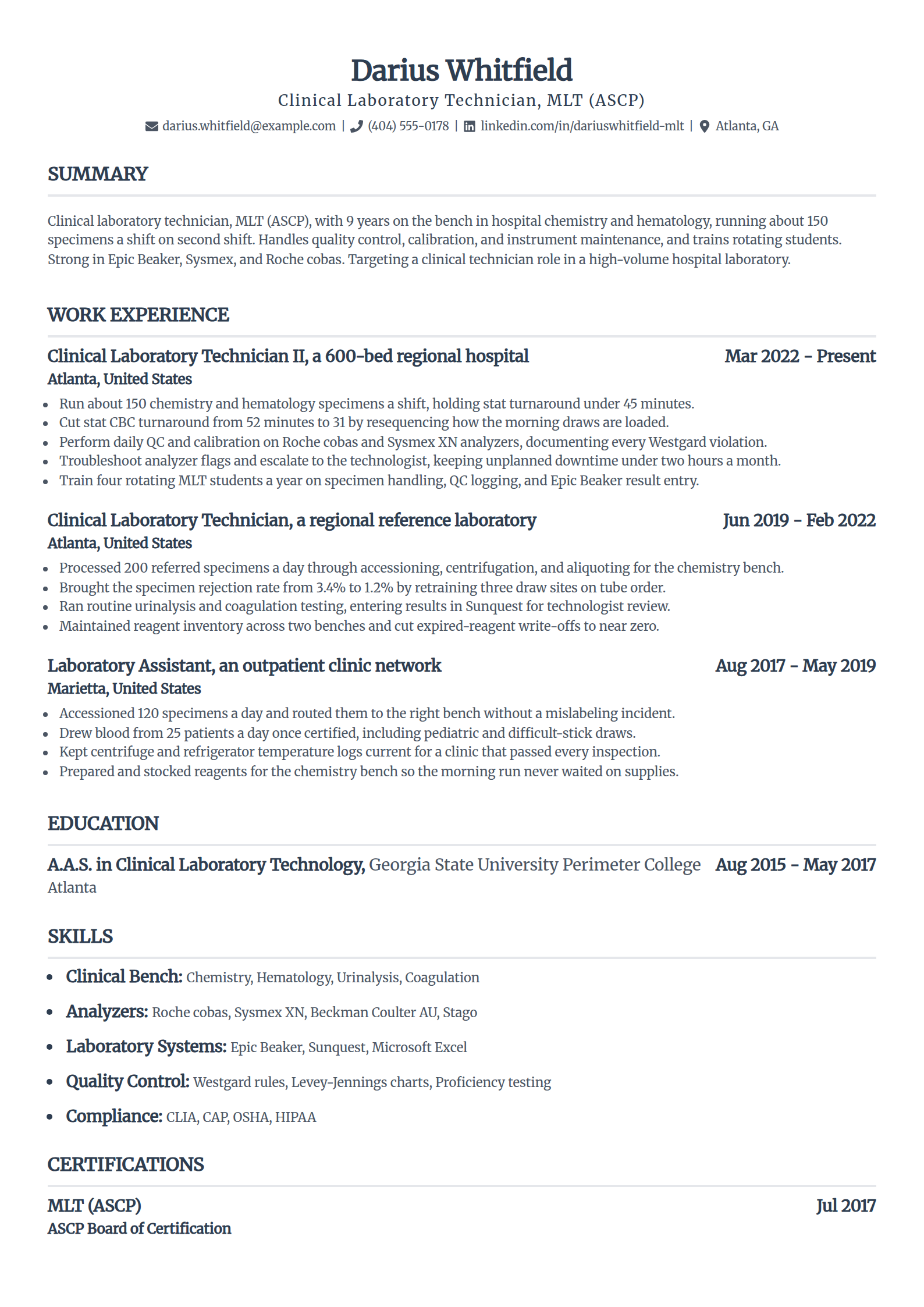 Clinical laboratory technician resume example in the Standard template